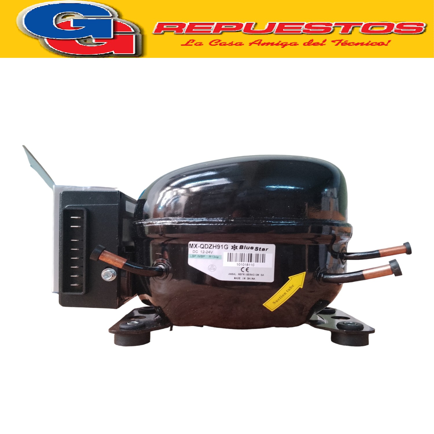 MOTOCOMPRESOR BLUESTAR 12/24V MX-QDZH91G 180W PARA GAS R134A / 9,01CM3 DESPLAZAMIENTO - 2000 RPM / PARA HELADERAS DE MOTORHOME, CARRIBARES Y CASAS RODANTES