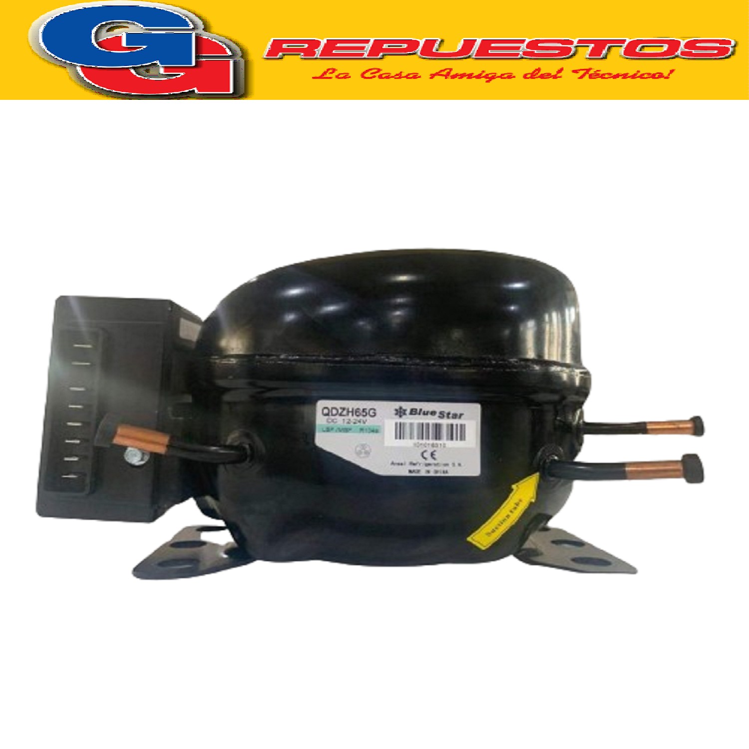 MOTOCOMPRESOR BLUESTAR 12/24V MX-QDZH65G 120W PARA GAS R134A / 6,5CM3 DESPLAZAMIENTO - 2000 RPM / PARA HELADERAS DE MOTORHOME, CARRIBARES Y CASAS RODANTES