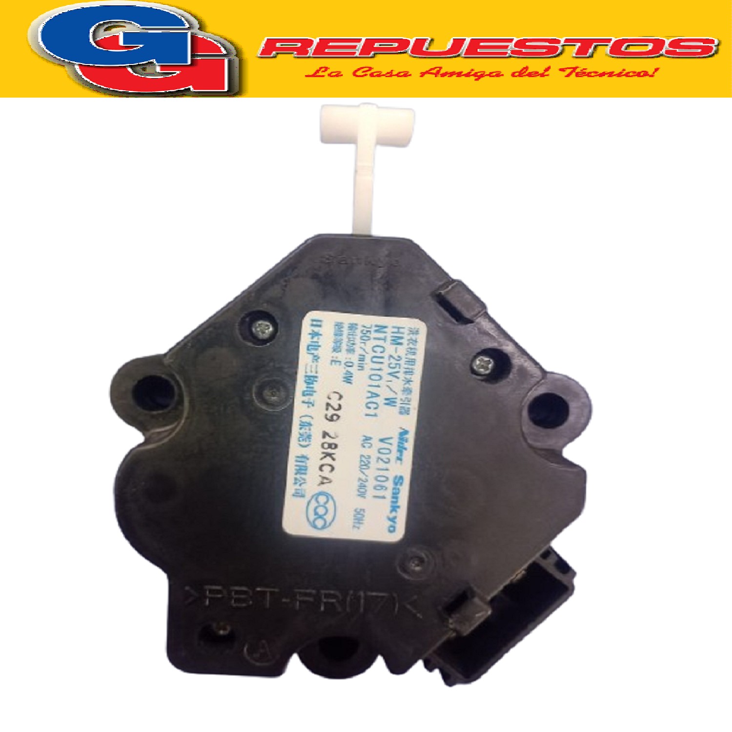 MOTOR TORQUE PANASONIC 2 CONTACTOS PALAS CON BRAZO RIGIDOD Cod.Origen:
PANASONIC () Actuador de freno Panasonic
Produttore: NIDEC SANKYO (V021061) NTCU101AC1
HM-25V /W
AC 220/240V 50Hz 750rpm 0.4W
PBTFR(17) Motor Torque Lavarropas Panasonic