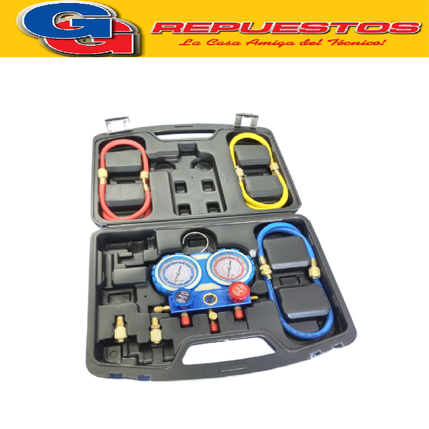 MANIFOLD ALUMINIO 800-4000 PSI MANIFOLD DE ALUMINIO PARA GAS R22 R12 R134A R410A CON JUEGO DE MANGUERA X3 DE 88CM CADA MANGUERA, CON 2 ADAPTADORES DE R22 A R410A GAUGE SET INCLUYE MALETIN