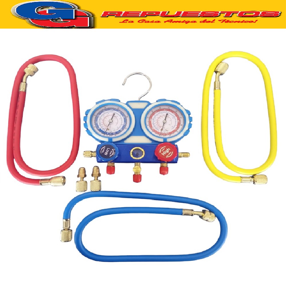 MANIFOLD ALUMINIO 800-4000 PSI MANIFOLD DE ALUMINIO PARA GAS R22 R12 R134A R410A CON JUEGO DE MANGUERA X3 DE 88CM CADA MANGUERA, CON 2 ADAPTADORES DE R22 A R410A GAUGE SET INCLUYE MALETIN