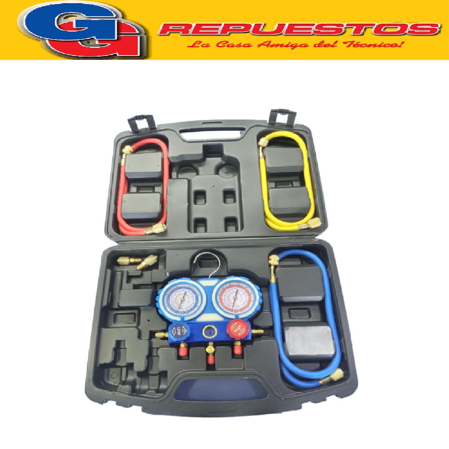MANIFOLD ALUMINIO 800-4000 PSI MANIFOLD DE ALUMINIO PARA GAS R22 R12 R134A R410A CON JUEGO DE MANGUERA X3 DE 88CM CADA MANGUERA, CON 2 ADAPTADORES DE R22 A R410A GAUGE SET INCLUYE MALETIN