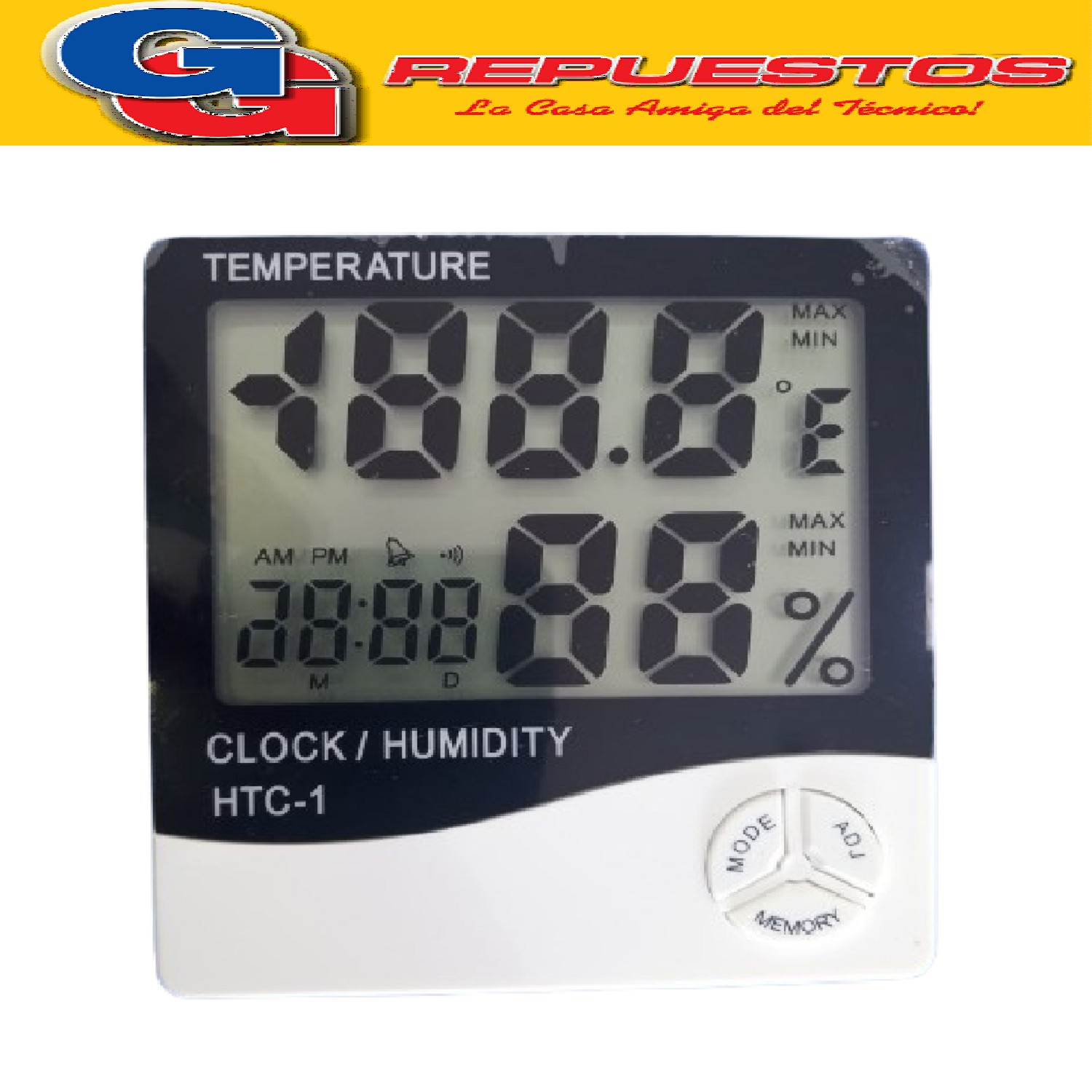 TERMOMETRO E HIGROMETRO TERMOHIGROMETRO DISPLAY DIGITAL      TERMOMETRO HIGROMETRO DIGITAL MEDIDOR DE HUMEDAD Y TEMPERATURA
- Display digital.
- Visualización de temperatura, humedad y tiempo de forma simultanea.
- Sensor de humedad desde 1%.
- Despertador / alarma.
- Seleccionable entre 12 y 24 horas.
- Muestreo una vez cada 10 segundos.
- Temp