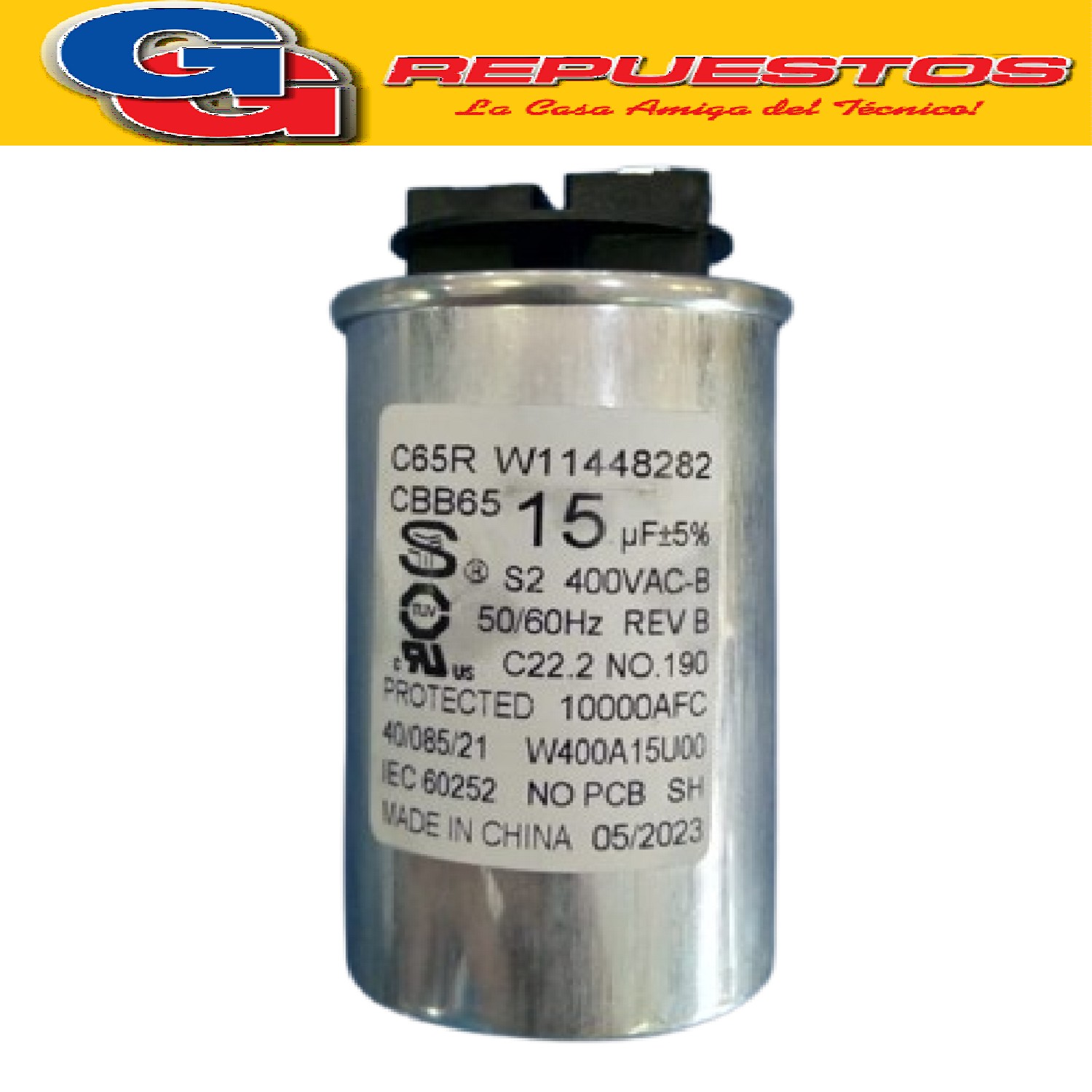 CAPACITOR 15 MF.(EPCOS) WHIRLPOOL WWI13AB- Cod.Origen:
W10527820 (WHIRLPOOL) CAPACITOR 15UF
W11448282 (WHIRLPOOL) CAPACITOR 15 uF 220V AC.
Produttore: EPCOS 15UF/15Mf (+ -5%) EN60252-1 220V 50/60Hz 380/400Vac
B32350-C4156-J017 (E106388)