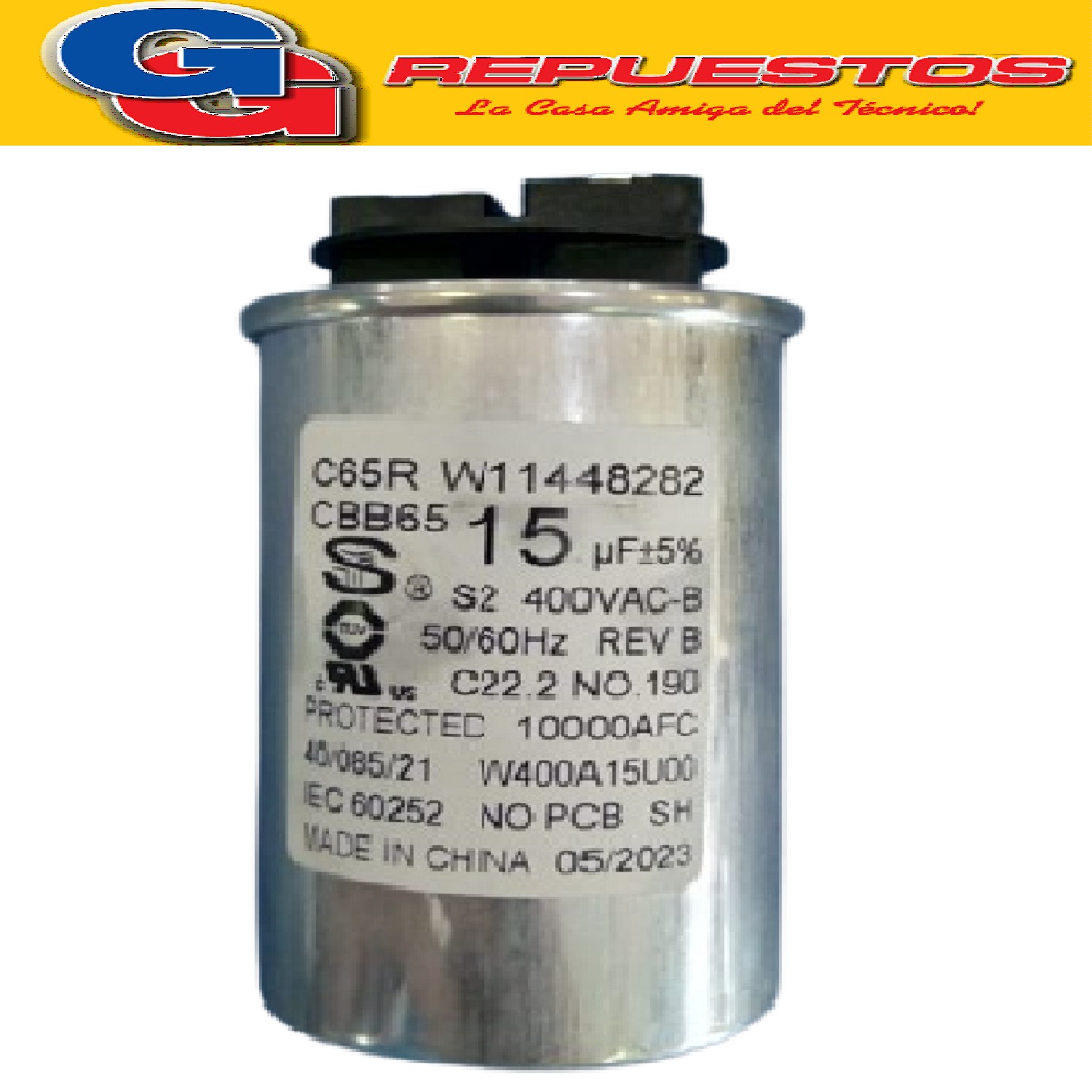 CAPACITOR 15 MF.(EPCOS) WHIRLPOOL WWI13AB- Cod.Origen:
W10527820 (WHIRLPOOL) CAPACITOR 15UF
W11448282 (WHIRLPOOL) CAPACITOR 15 uF 220V AC.
Produttore: EPCOS 15UF/15Mf (+ -5%) EN60252-1 220V 50/60Hz 380/400Vac
B32350-C4156-J017 (E106388)