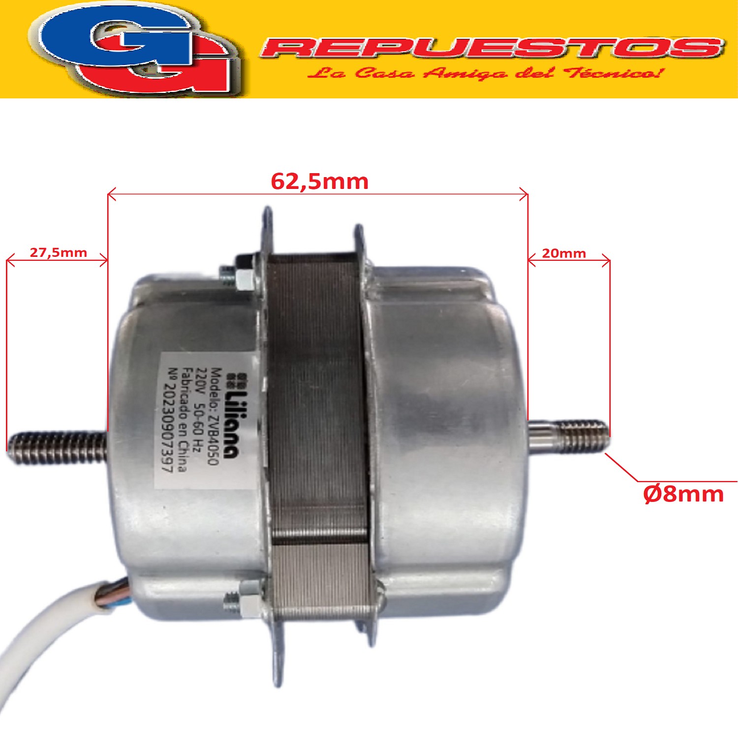 MOTOR TURBO VENTILADOR CIRCULADOR 12 PULGADAS MARCA LILIANA  COMPATIBLE CON LOS MODELOS VTC12 / VT12 / TWB12 EJE 8MM MEDIA CAÑA CON TUERCA ZVB4050 220V 50-60Hz N° 20230907397