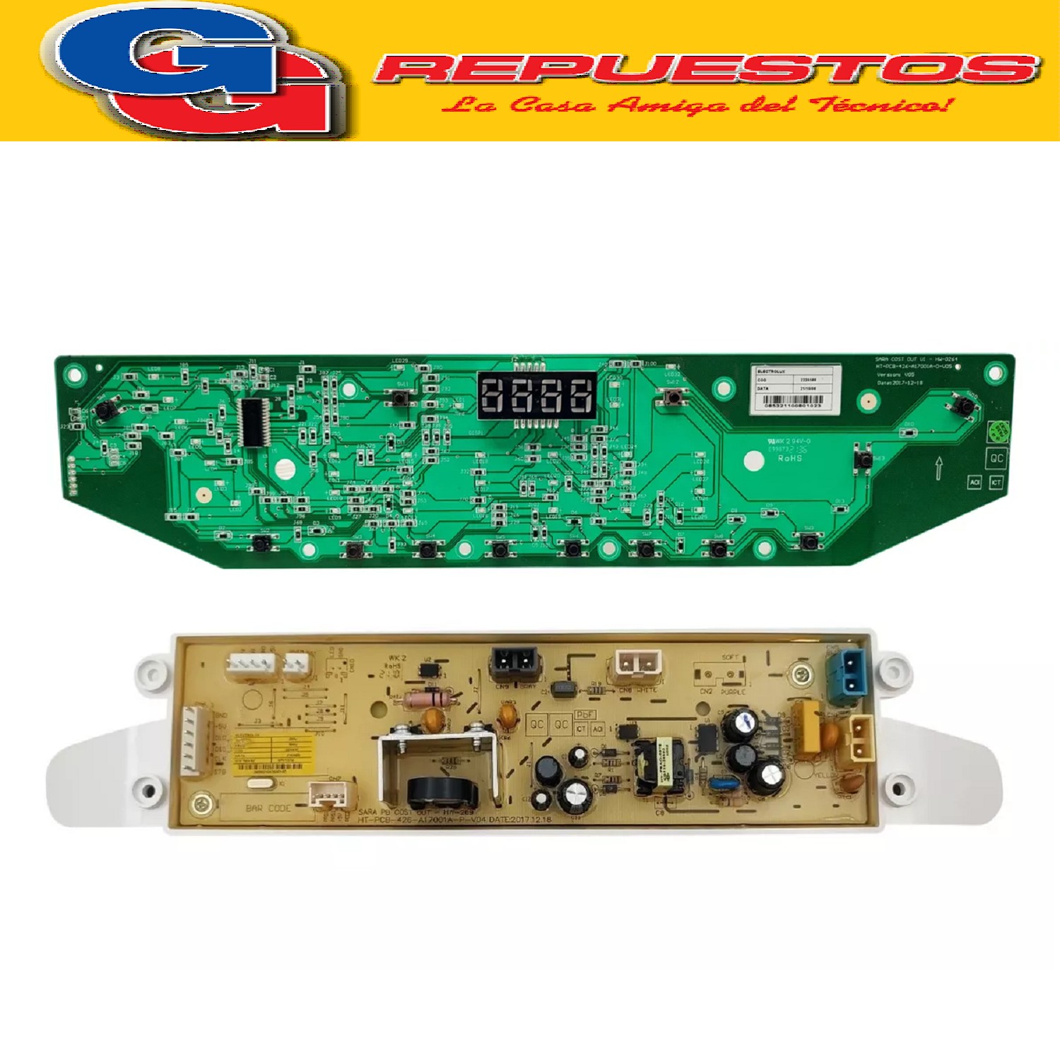 PLAQUETA PRINCIPAL LAVARROPAS ELECTROLUX ELAC209W  ELAC210S  (KIT POTENCIA-INTERFACE
ORIGINAL) Cod.Origen:
2220476 (ELECTROLUX-GAFA) PLACA ELEC POTENCIA ALEJ BOTON
2220588 (ELECTROLUX-GAFA) PLACA ELECT CONTROL ALEJ BOTON/ Reemplazo
2220477 (ELECTROLUX-GAFA) PLACA ELECT CONTROL ALEJ BOTON