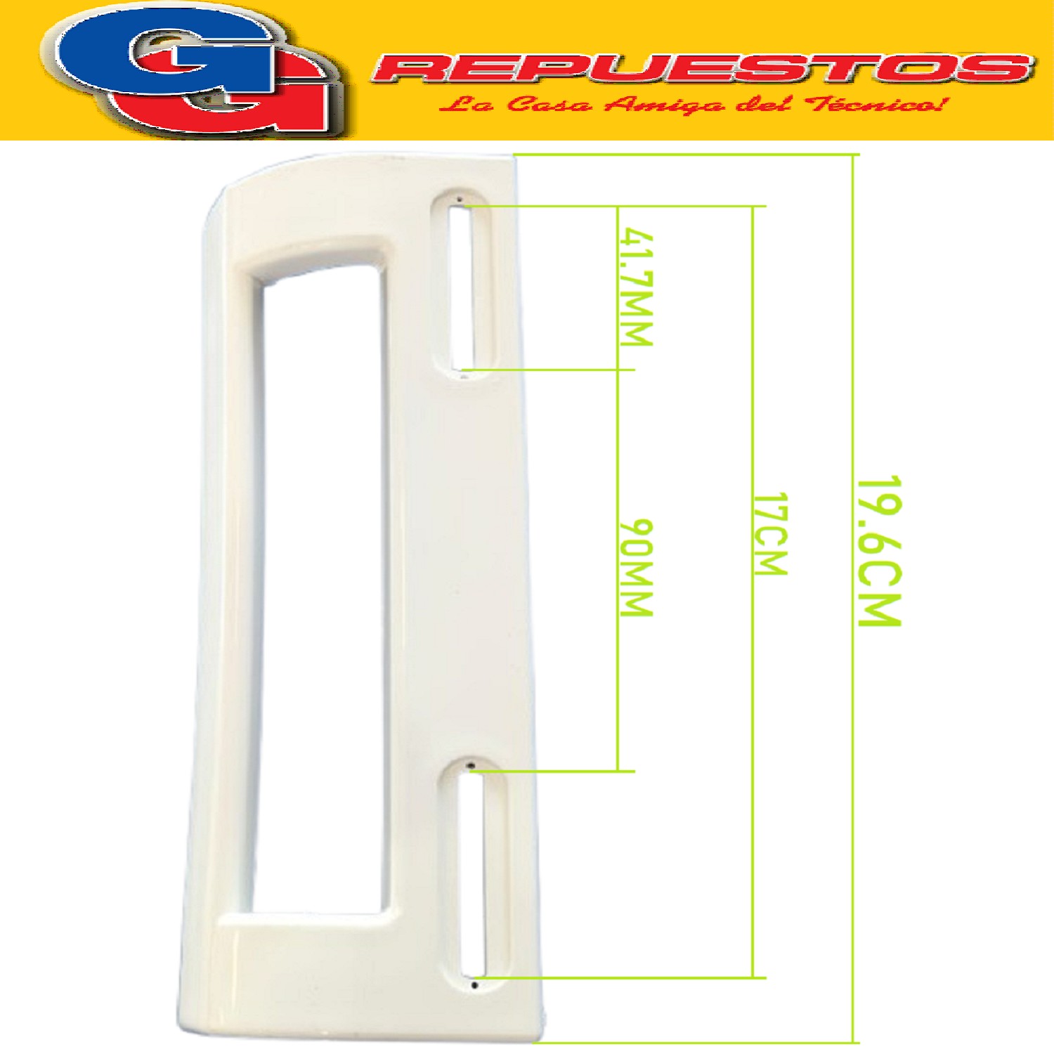 MANIJA BLANCA PARA FRIGOBAR O HELADERA UNIVERSAL (KIT FIJACI ON LATERAL 9.5 min a 17mm max
de agujero a agujero)
Length: 198 mm Holes wheelbase: 85/160 mm
TIRADOR UNIVERSAL FRIGO BLANCO.85-160mm