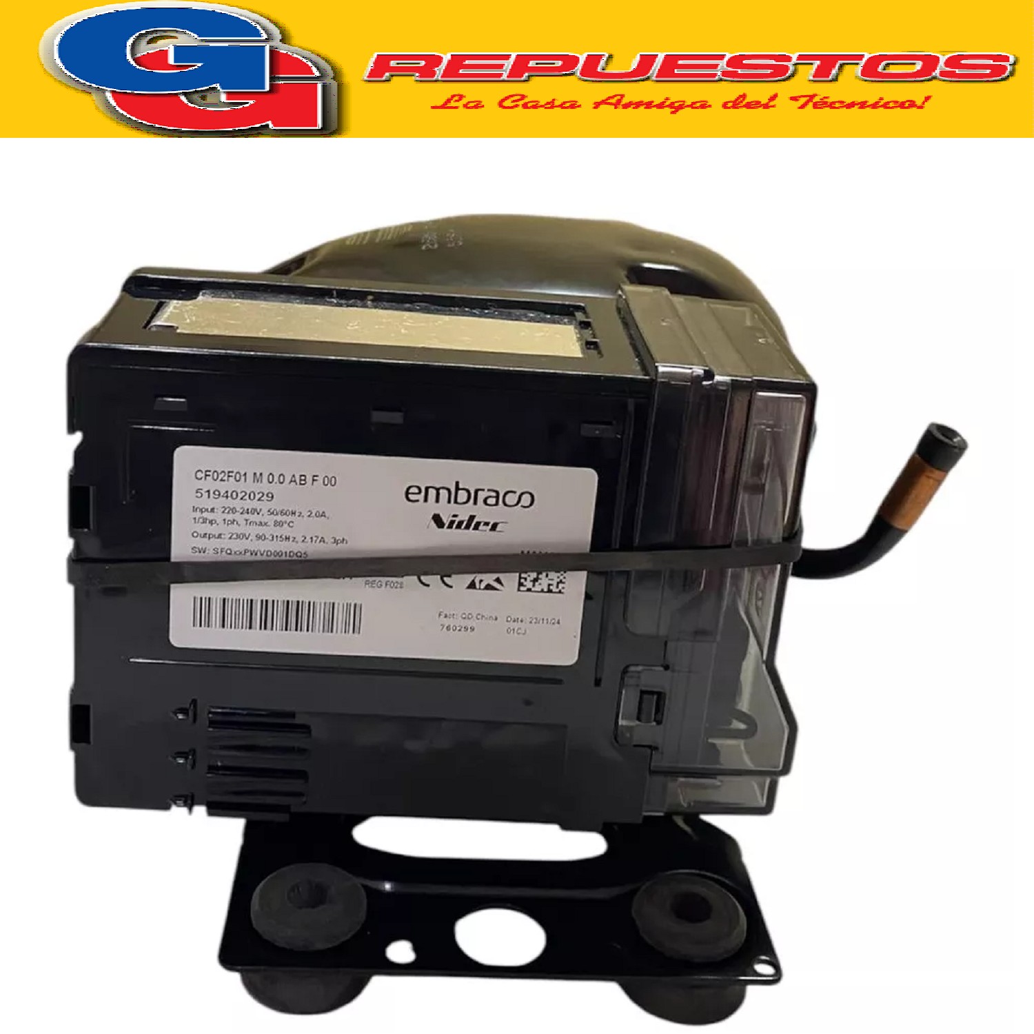 MOTOCOMPRESOR 1/5 HP EMBRACO FMSY9C 220/50-60 TH R600  INVER TER MOTOCOMPRESOR EMBRACO  (DROP - CON) PLAQUETA INVERTER PARA FREEZER ETERNITY FGHI100B-S FGHI200B-M FGHI300B-L