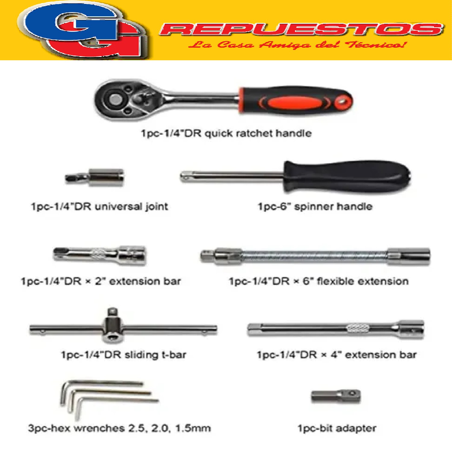 KIT DE TUBO CAJA HERRAMIENTAS DE 46 PIEZAS CON LLAVE DE TRIN QUETE Y DADOS DE ACERO AL CARBONO,SET DE LLAVE TUBO X 46 PIEZAS K24022 CAJA ROJA CHICA
-21 PZS - COPAS 1/4 PUNTAS:SL 4- 5.5 -7,
-PH1-2-3,PZ1-2-3,H3-4-5-6-7-8,T10-15-20-25-30-40
-3 PIEZAS-CASQUILLO HEXAGONAL
-13 PSC-1/4 DR SOCKET:4MM, 4.5MM, 5MM, 5.5MM, 6MM, 7MM, 8MM, 9MM, 10MM, 11MM, 12MM, 13MM, 14MM
-1 PC-RATCHET HANDLE 1/4
-1 PC-JUNTA UNIVERSAL 1/4
-1 MANGO GIRATORIO PC-1/4
-1BARRA DES