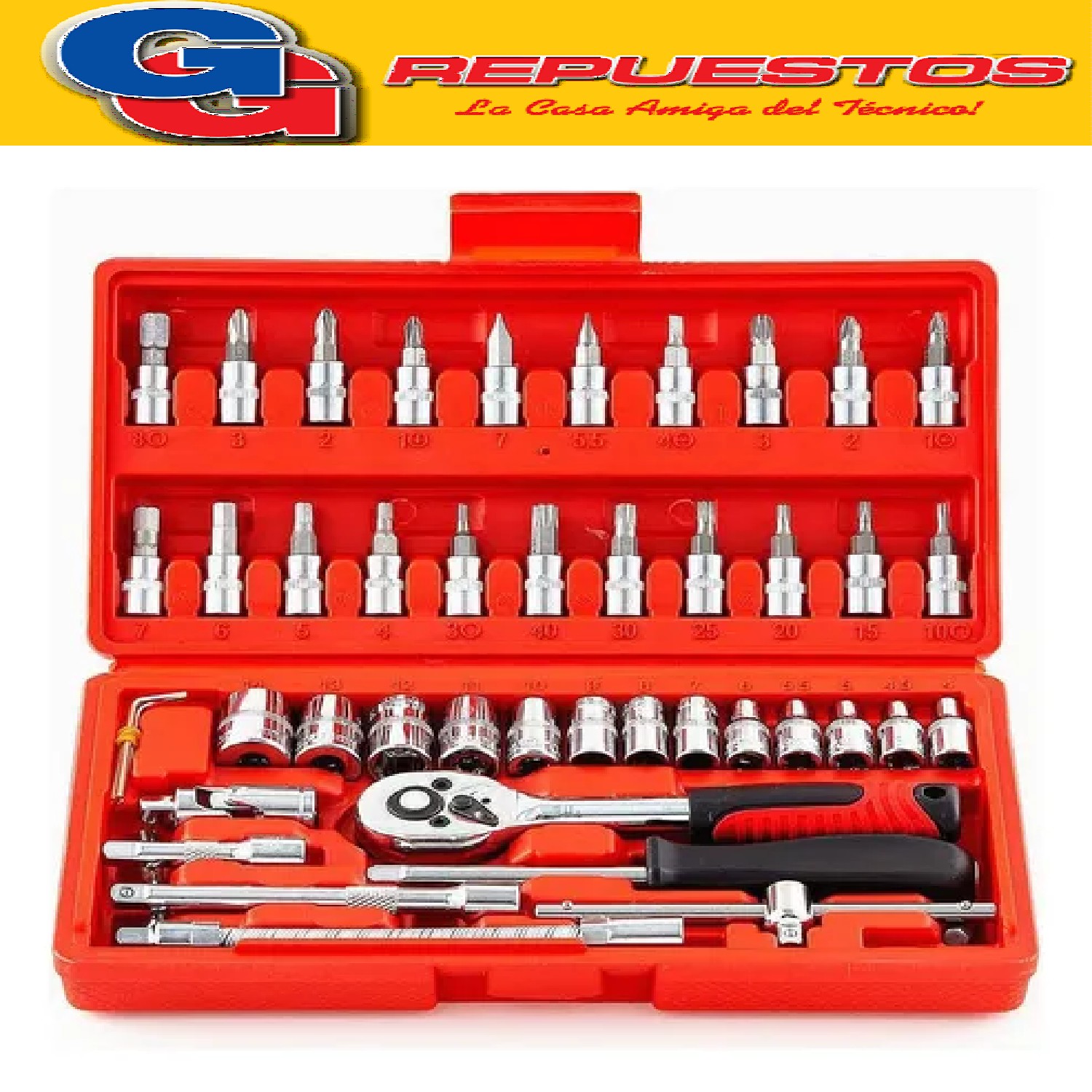 KIT DE TUBO CAJA HERRAMIENTAS DE 46 PIEZAS CON LLAVE DE TRIN QUETE Y DADOS DE ACERO AL CARBONO,SET DE LLAVE TUBO X 46 PIEZAS K24022 CAJA ROJA CHICA
-21 PZS - COPAS 1/4 PUNTAS:SL 4- 5.5 -7,
-PH1-2-3,PZ1-2-3,H3-4-5-6-7-8,T10-15-20-25-30-40
-3 PIEZAS-CASQUILLO HEXAGONAL
-13 PSC-1/4 DR SOCKET:4MM, 4.5MM, 5MM, 5.5MM, 6MM, 7MM, 8MM, 9MM, 10MM, 11MM, 12MM, 13MM, 14MM
-1 PC-RATCHET HANDLE 1/4
-1 PC-JUNTA UNIVERSAL 1/4
-1 MANGO GIRATORIO PC-1/4
-1BARRA DES