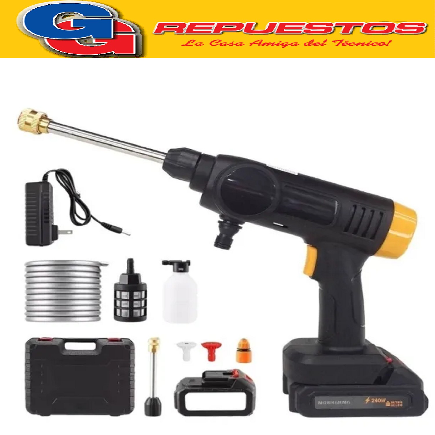 HIDROLAVADORA A BATERIA INALAMBRICA SIN CANILLA MARCA MB  MODELO MB-HI-210 21VCC 150W FLUJO DE AGUA 4LT/MIN PRESION MAXIMA 30 BAR MAXIMA PRESION DE ENTRADA 22 BAR PRESION NOMINAL 22 BAR