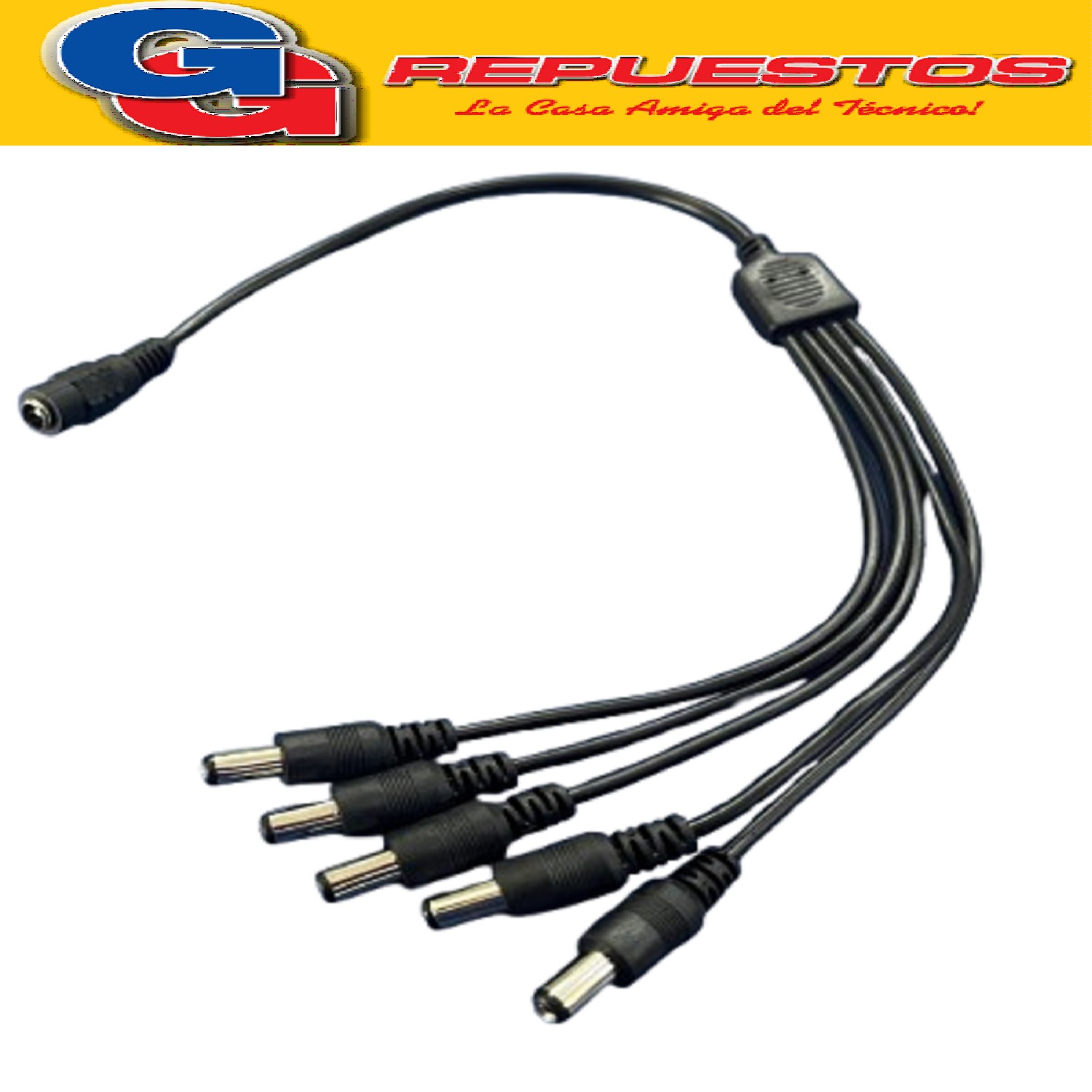 CABLE DC PARA ALIMENTAR CAMARAS DE SEGURIDAD CON 5 FICHA PLU G MACHO DE 2.1MM Y 1 CONECTOR JACK HEMBRA  DE 2.1MM CON 40CM DE LARGO
