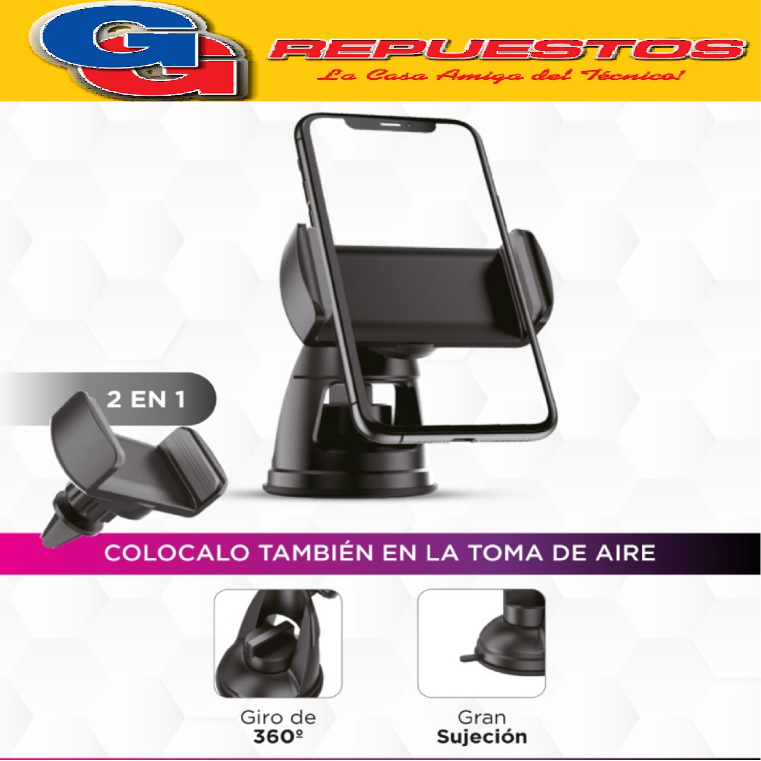 SOPORTE CELULAR UNIVERSAL PARA AUTO SOUL SOP-Q200   GIRO 360º Color Negro 2 EN 1 PARA COLOCAR EN LA TOMA DE AIRE