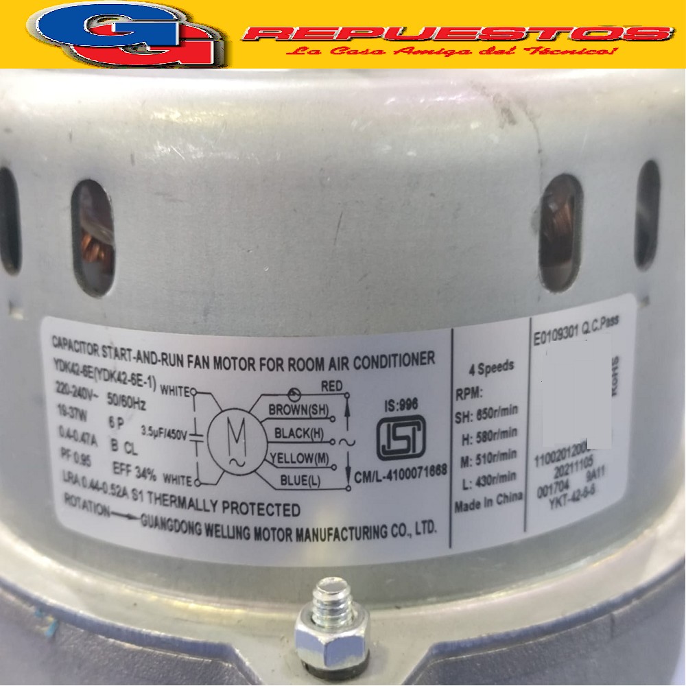 FORZADOR MOTOR CONDENSADOR AIRE ACODICIONADO SPLIT YDK42-6E  4 VELOCIDADES 220-240V 19-37W 6P 0.4-0.47A PF 0.95 EFF 34% LRA 0.44-0.52A S1 SENTIDO DE GIRO ANTIHORARIO