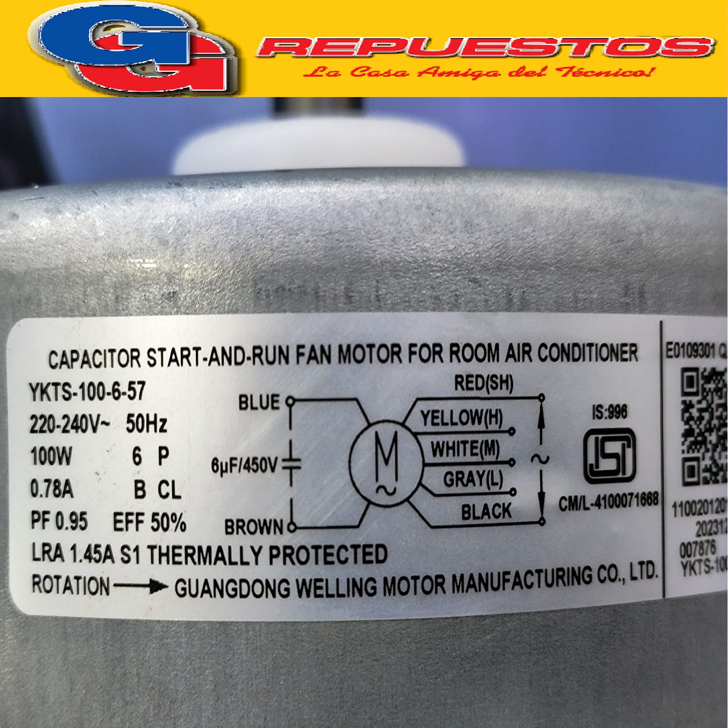 FORZADOR MOTOR CONDESADOR AIRE SPLIT DOBLE EJE YKTS-100-6-57 220V 100W 0.78A PF0.95 6P 4 VELOCIDADES SENTIDO DE GIRO HORARIO