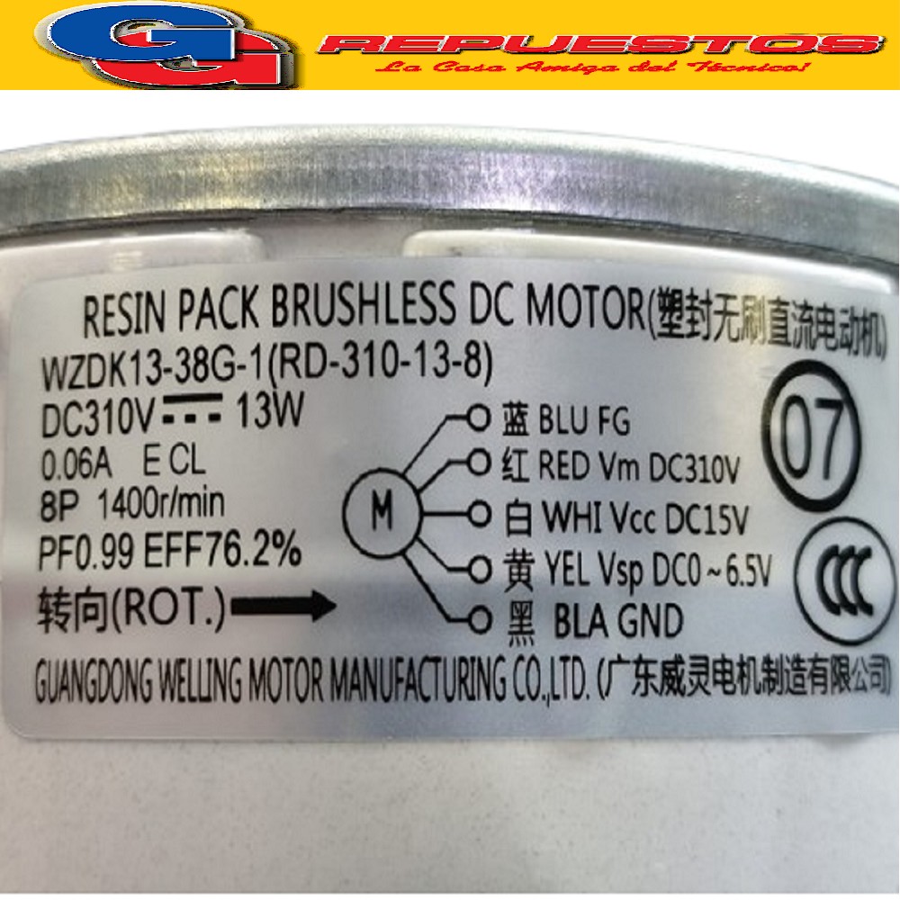 FORZADOR MOTOR AIRE ACONCIDIONADO INVERTE WZDK13-35G-1 (RD-3 10-13-8) DC 310V 13W 0.06A E CL OP 1400RPM PF0.99 EFFE76%