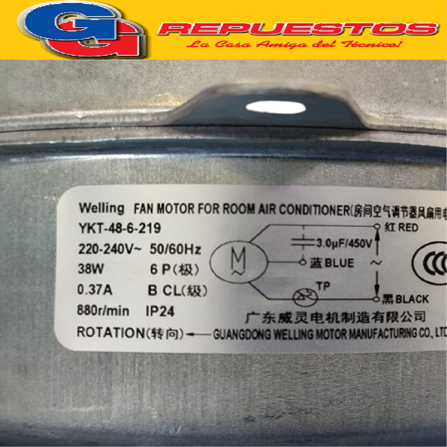 FORZADOR MOTOR CONDENSADOR AIRE ACONDICIONADO YKT-48-6-219 2 20V-240V 38W 6P 0.37A 880RPM IP24