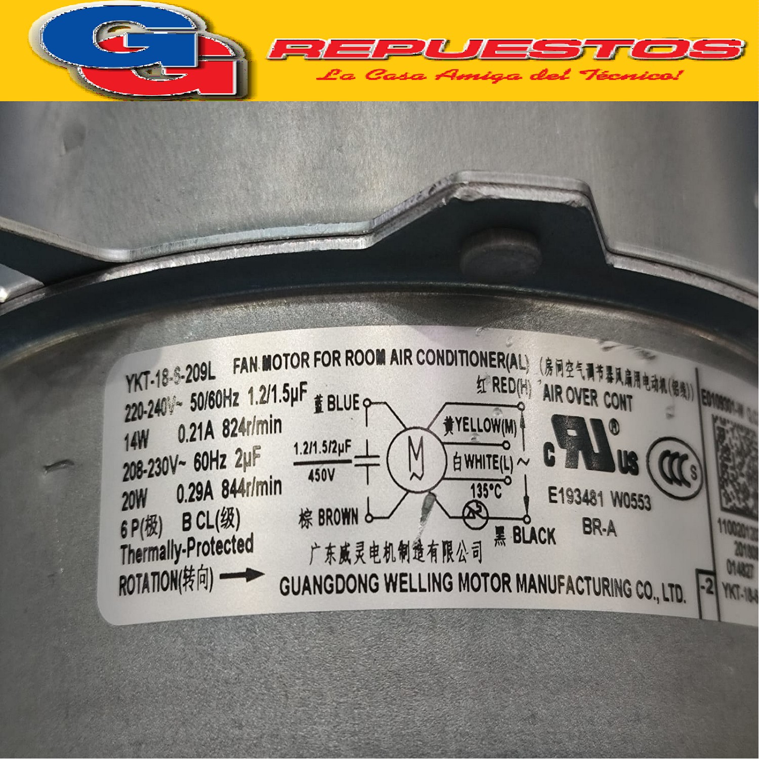 FORZADOR MOTOR AIRE ACONDICIONADO CONDENSADOR YKT-18-6-209L  220-240V 50/60HZ 14W 0.21A 824RPM 1.5uF / 208-230V 60HZ 20W 0.29A 844RPM 2UF