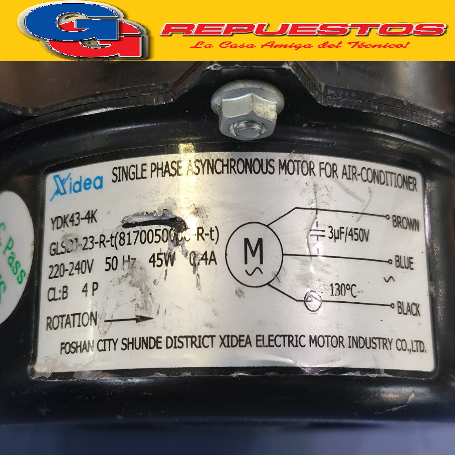 FORZADOR MOTOR CONDESANDOR AIRE ACONDICIONADO SPLIT YDK43-4K GLSD1-23-R-T(8170050006-R-T) 220 240V 50HZ 45W 0.4A CL;B 4P SENTIDO DE GIRO ANTIHORAIO