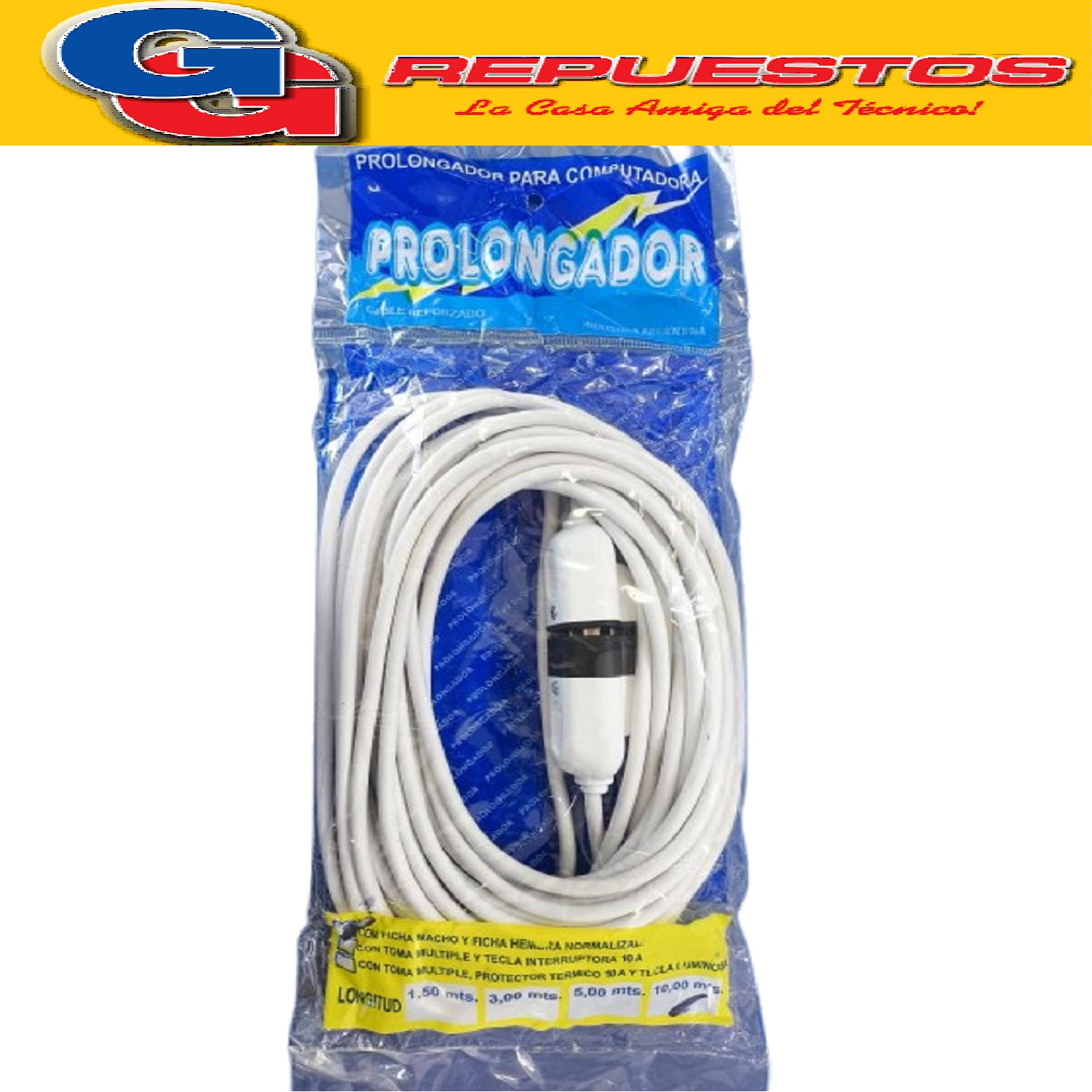 ALARGUE PROLONGADOR FICHA MACHO/HEMBRA NORMALIZADO DE 10 MTS CABLE REFORZADO DE 3X0.75MM 10A 250V