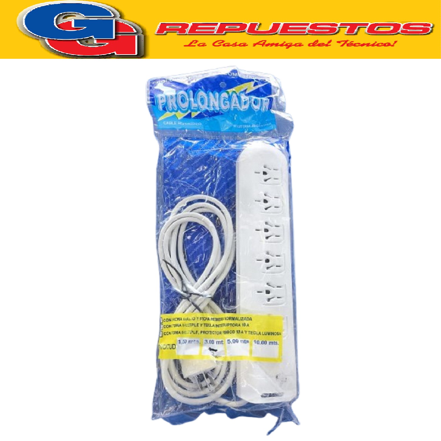 PROLONGADOR ZAPATILLA DE 6 TOMAS Y 3 MTS DE 3 X 0.75 MM CON  LLAVE