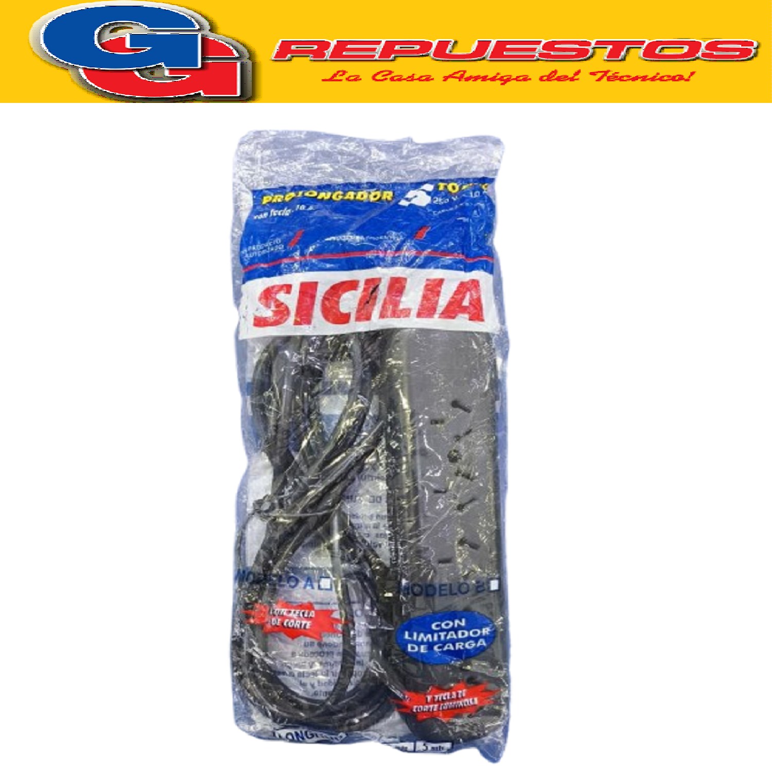 PROLONGADOR ZAPATILLA DE 5 TOMAS Y 5MTS DE CABLE 3 X 0.75MM  CON LLAVE NEGRO