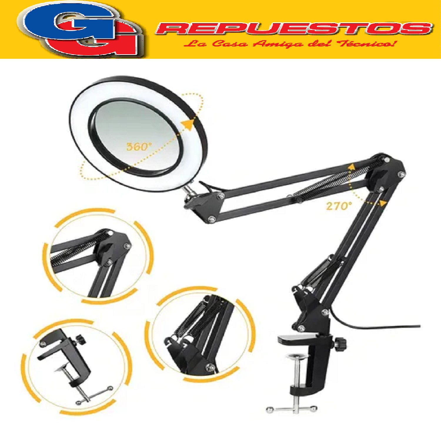 LUPA ESCRITORIO CON BRAZO Y LUZ REGULABLE CON FICHA USB