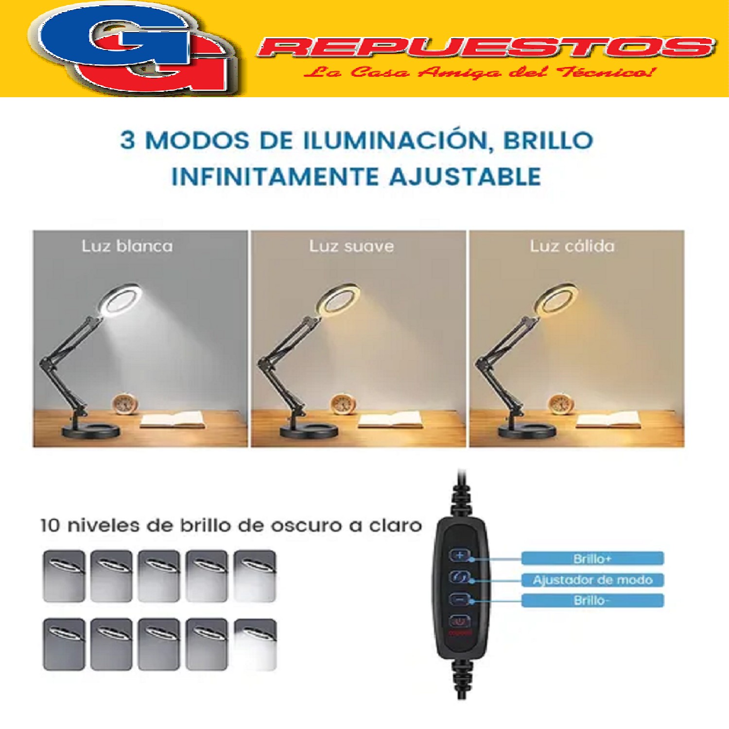 LUPA ESCRITORIO CON BRAZO Y LUZ REGULABLE CON FICHA USB