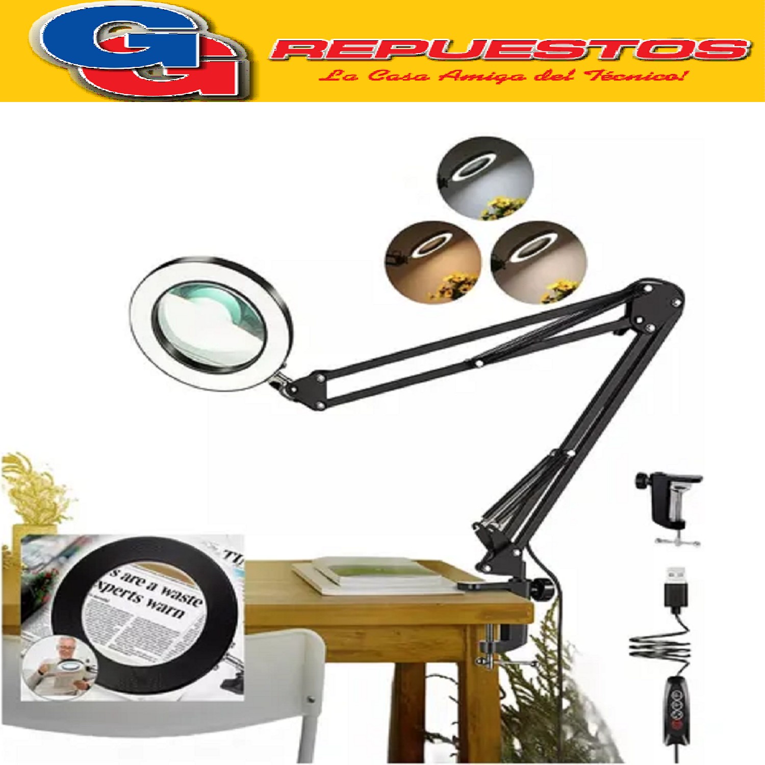 LUPA ESCRITORIO CON BRAZO Y LUZ REGULABLE CON FICHA USB