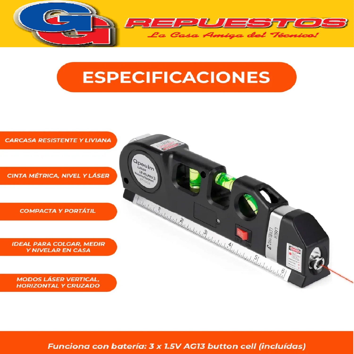 NIVEL LASER 3 BURBUJAS CON CINTA METRICA REGLA CRUZ