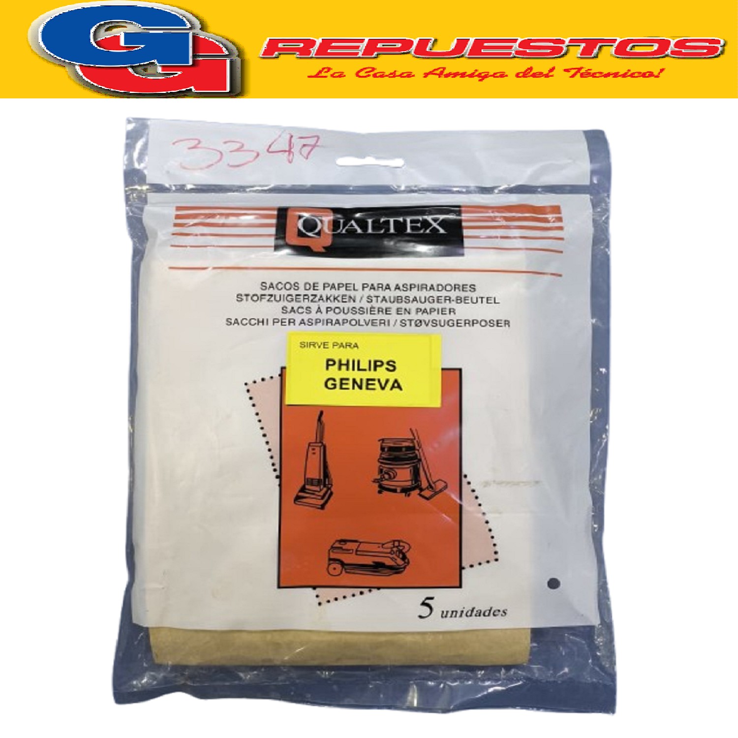 BOLSA ASPIRADORA PAPEL PARA PHILIPS GENEVA x5UNIDADES KW005L VINATOR) 10 X11 CM FC8344/01 FC-8348-838 FC-8046 YELMO AS-3210 ATMA AS8911E