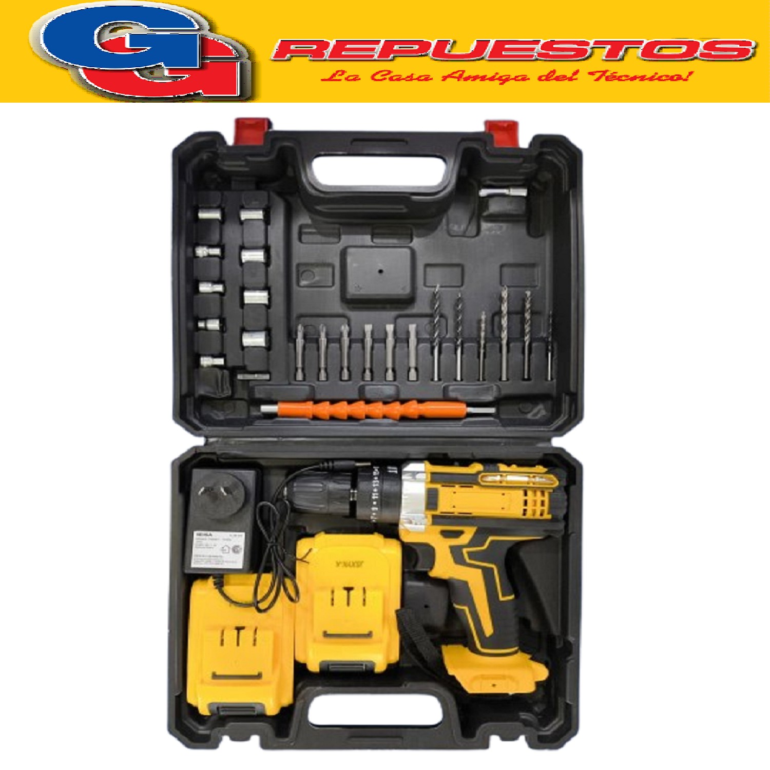 TALADRO PERCUTOR INALAMBRICO 48V CON 2 BATERIAS RECARGABLES, MALETIN Y ACCESORIOS. FUENTE DE 24V - 1A. ATORNILLADOR
ACCESORIOS: PUNTAS MECHAS - EXTENSOR FLEXIBLE - ADAPTADOR PORTA PUNTAS