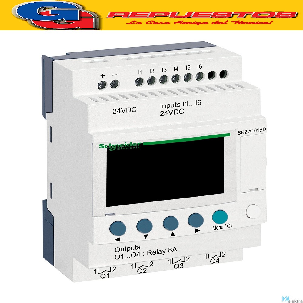 ZELIO LOGIC SR2 A101BD RELE INDUSTRIAL SR2 10 I-O 24VDC Rele vador Inteligente 6 Entradas 4 Salidas  Este producto es ideal para aquellos que buscan eficiencia y calidad. Cuenta con 6 entradas y 4 salidas, lo que permite una amplia gama de conexiones. Su diseño inteligente permite un fácil manejo y configuración, lo que lo hace perfecto para cualquier tipo de instalación. Además, su marca Zelio es reconocida por su durabilidad y resistencia, asegurando un producto de larga duración.