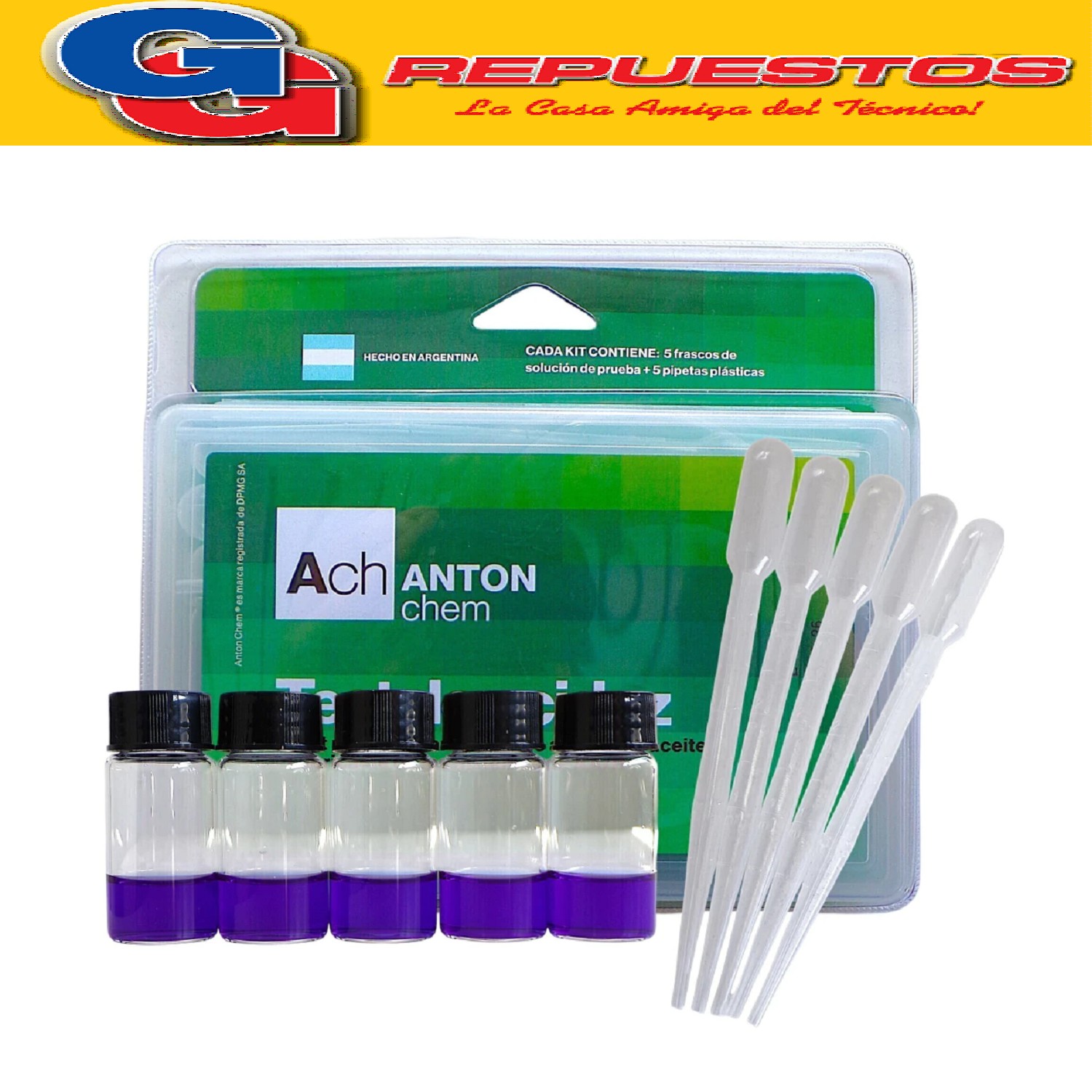 KIT X5 TEST DE ACIDEZ ACEITE LUBRICANTE PARA REFRIGERACION  ANTON CHEM ACID-TEST es un kit de prueba rápida que detecta la presencia y concentración de ácidos en el aceite lubricante de los sistemas de aire acondicionado y refrigeración. Consiste en añadir una muestra de aceite a una solución química que cambia de color, indicando el nivel de acidez y si se necesita una intervención de mantenimiento para evitar daños al compresor.