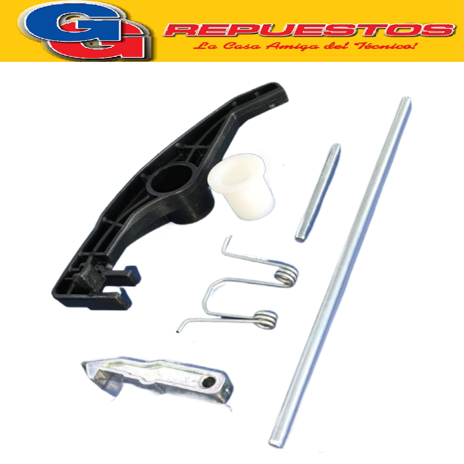 KIT PESTILLO TIRADOR CON MUELLE PLASTICO CANDY EVOW2853D DE  PUERTA PARA LAVASECARROPAS CANDY EVOW2853D-EVOW2853D2-GVW285TC12 LAVASECAS-
EVO1083D-EVO10653D-EVO1283D3-EVO1272D/K-
(JUEGO COMP/ACCESORIOS TIRA PUERTA ORIGIN)
NOTA: Incluye:
Brazo y buje accionador pestiollo de portilla
Eje largo maneta plastica 164mm de largo x4mm
Eje pestillo metalico 54mm de largo x4mm
Pestillo largo de puerta 54mm de largo
Resorte/Muelle 31mm x23mm
Cod.Origen: 41034859-41035263 (CANDY GIAS) kit gancho