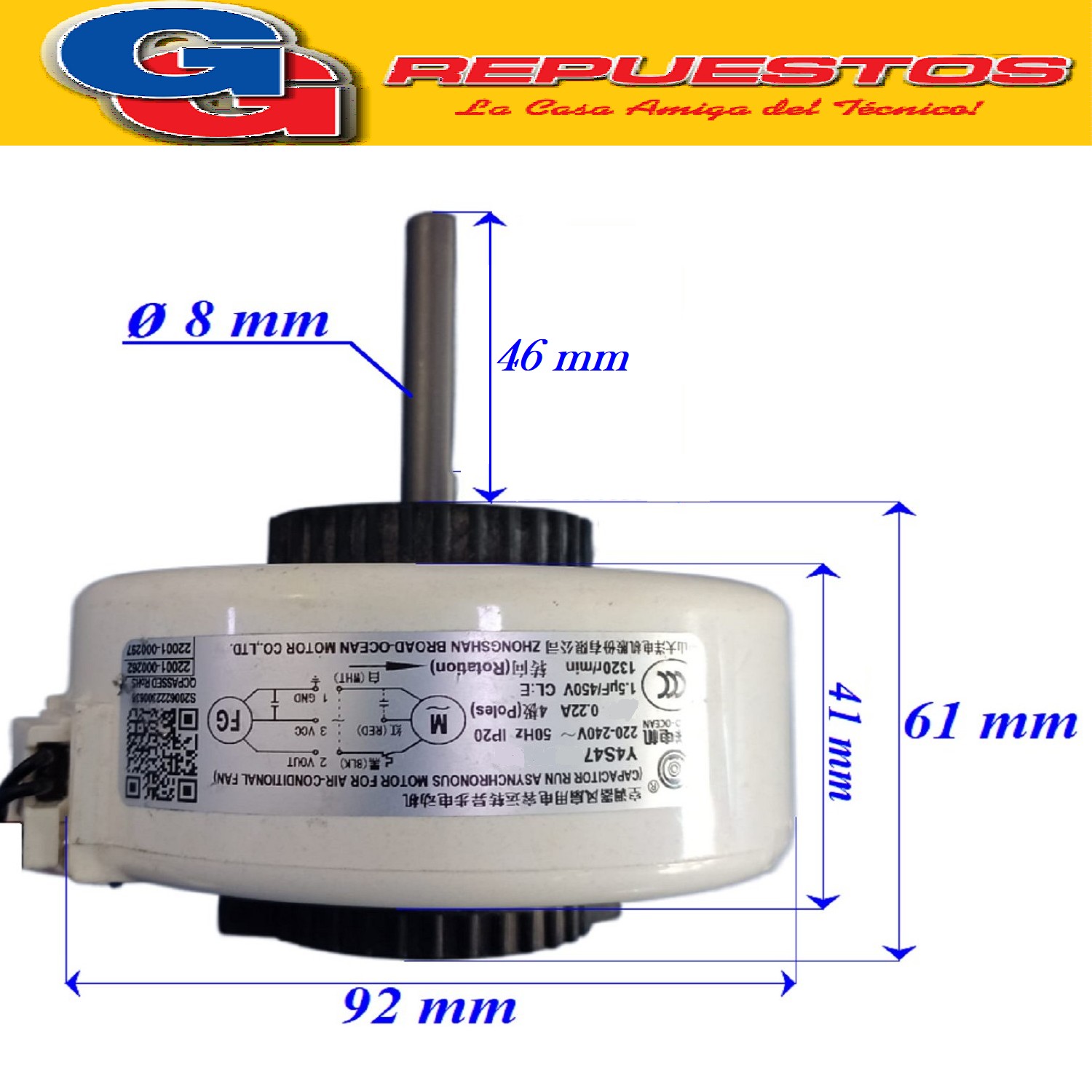 FORZADOR MOTOR CONDENSADOR PARA AIRE ACONDICIONADA  SPLIT YK FG-18-4-136L 16W 0.21A 220-240V 50Hz capacitor 1.5uf