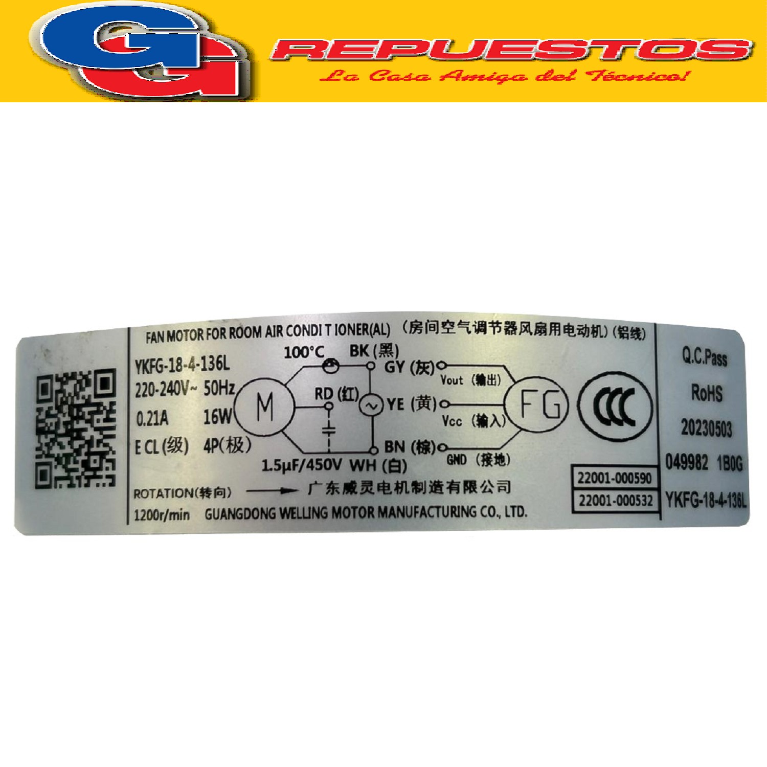FORZADOR MOTOR CONDENSADOR PARA AIRE ACONDICIONADA  SPLIT YK FG-18-4-136L 16W 0.21A 220-240V 50Hz capacitor 1.5uf