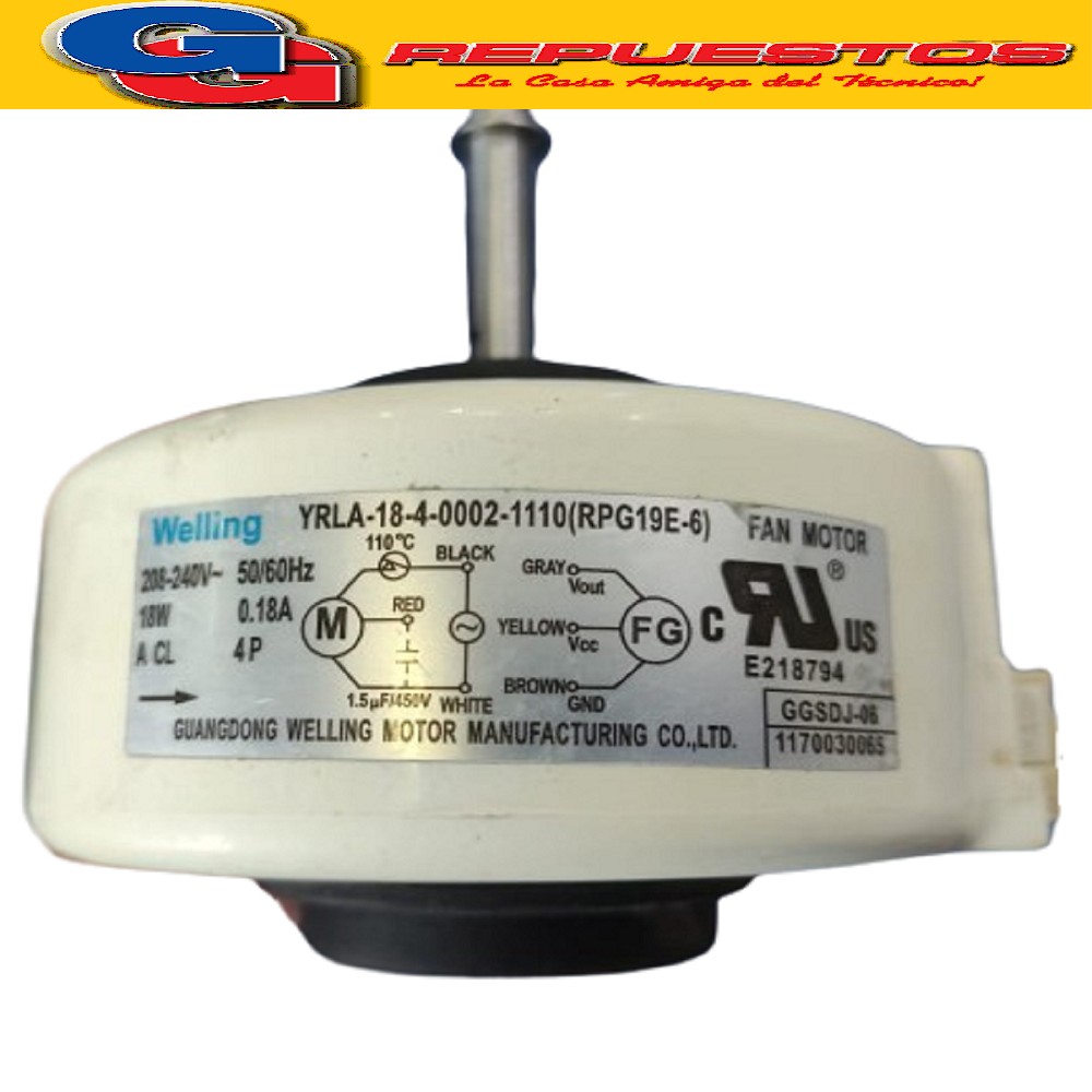 FORZADOR MOTOR EVAPORARADO AIRE ACONDICIONADO YLRA-18-4-0002 -1110 (RPG19E-6) 208-240V 18W 0.18A A CL 4P SENTIDO DE GIRO ANTIHORARIO