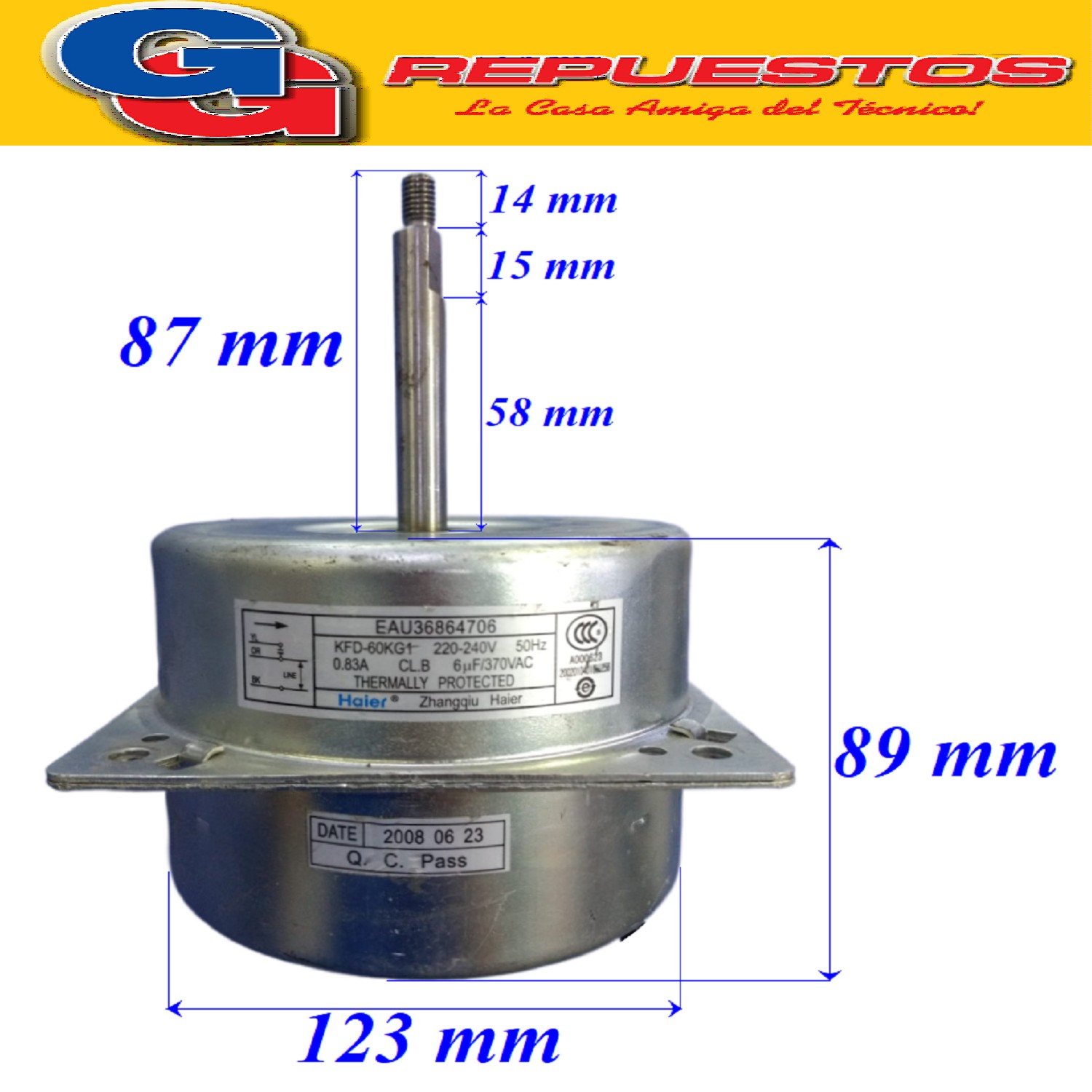 FORZADOR MOTOR CONDENSADOR AIRE ACONDICIONADO KFD-60KG1 220V 0.83A 50HZ CAPACITOR 6UF EAU36864706 PARA AIRE SPLIT