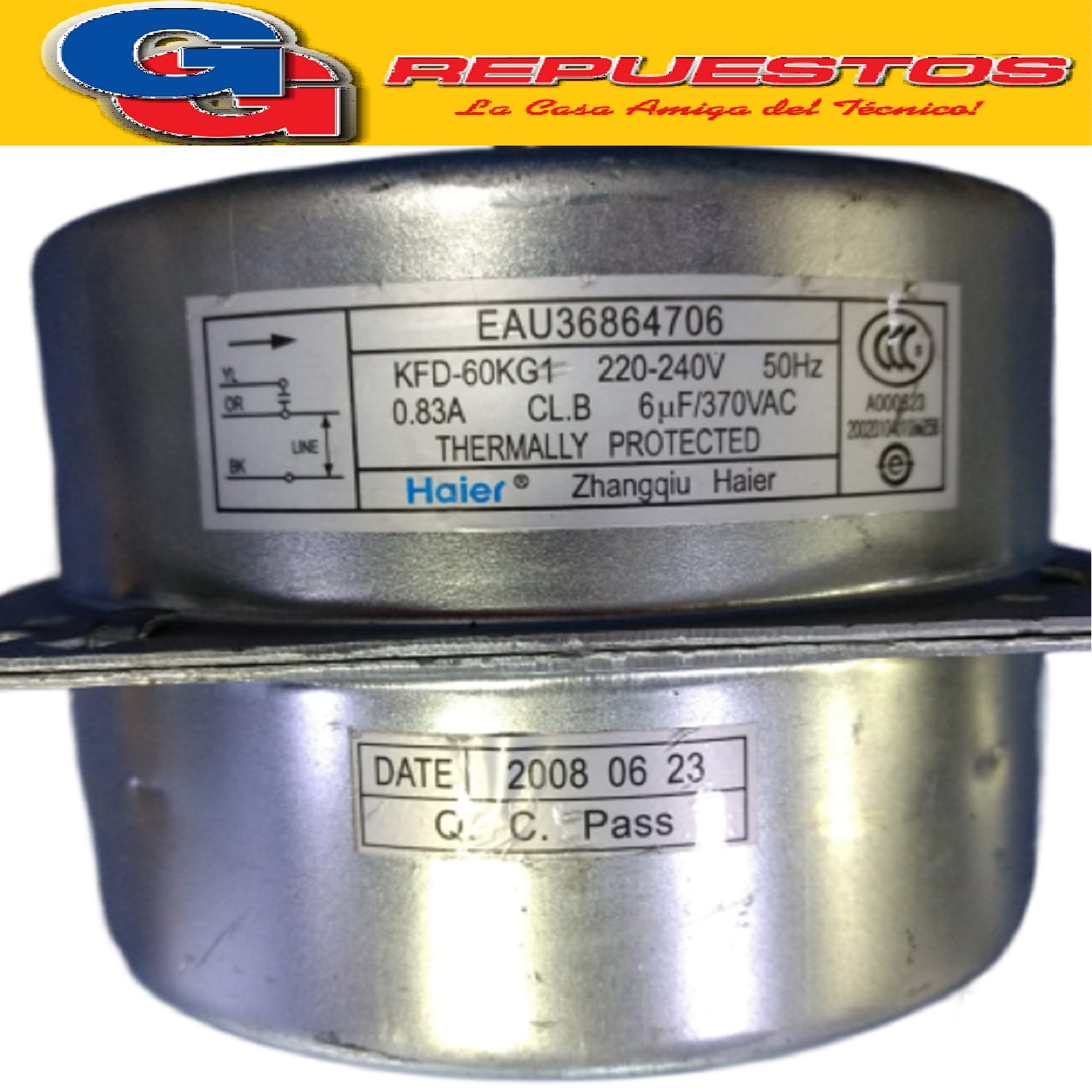 FORZADOR MOTOR CONDENSADOR AIRE ACONDICIONADO KFD-60KG1 220V 0.83A 50HZ CAPACITOR 6UF EAU36864706 PARA AIRE SPLIT