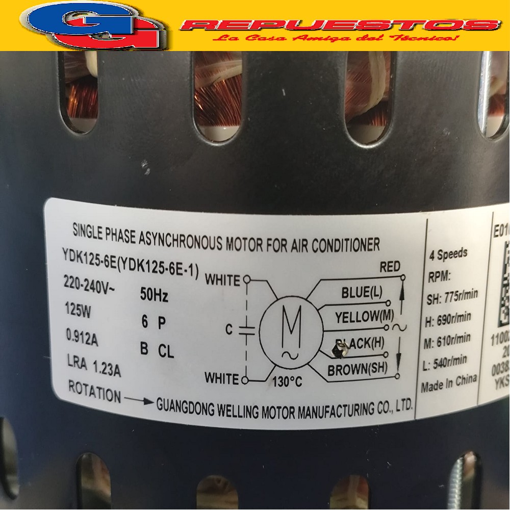 FORZADOR MOTOR CONDESADOR AIRE ACONDICIONADO YDK125-6E  (YDK 125-6E-1) 220-240V 125W 0.912A 50HZ 6P LRA 1.23 SENTIDO DE GIRO ANTIHORARIO