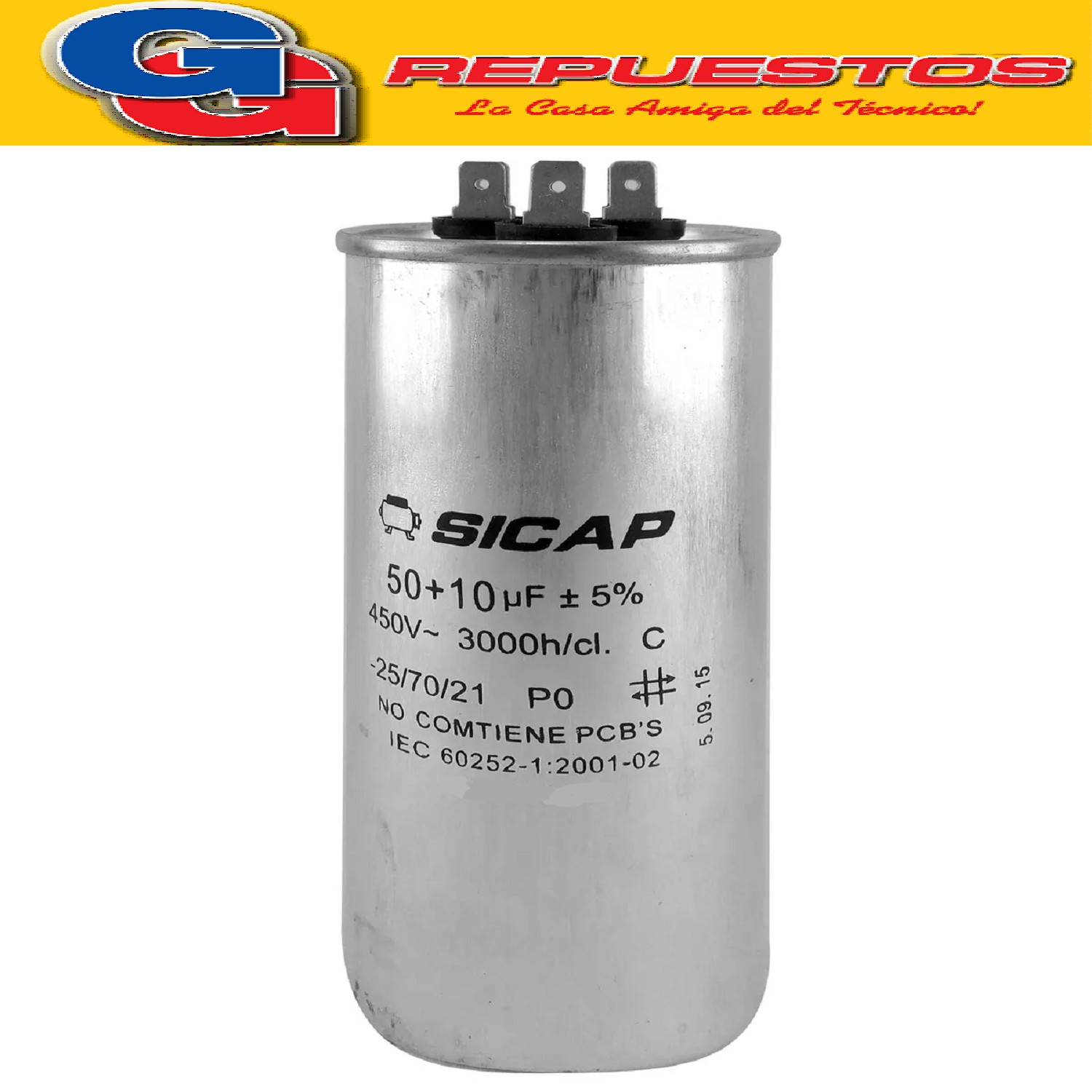 CAPACITOR DUAL DOBLE SICAP 50 + 10 PARA AIRE ACONDICIONADO