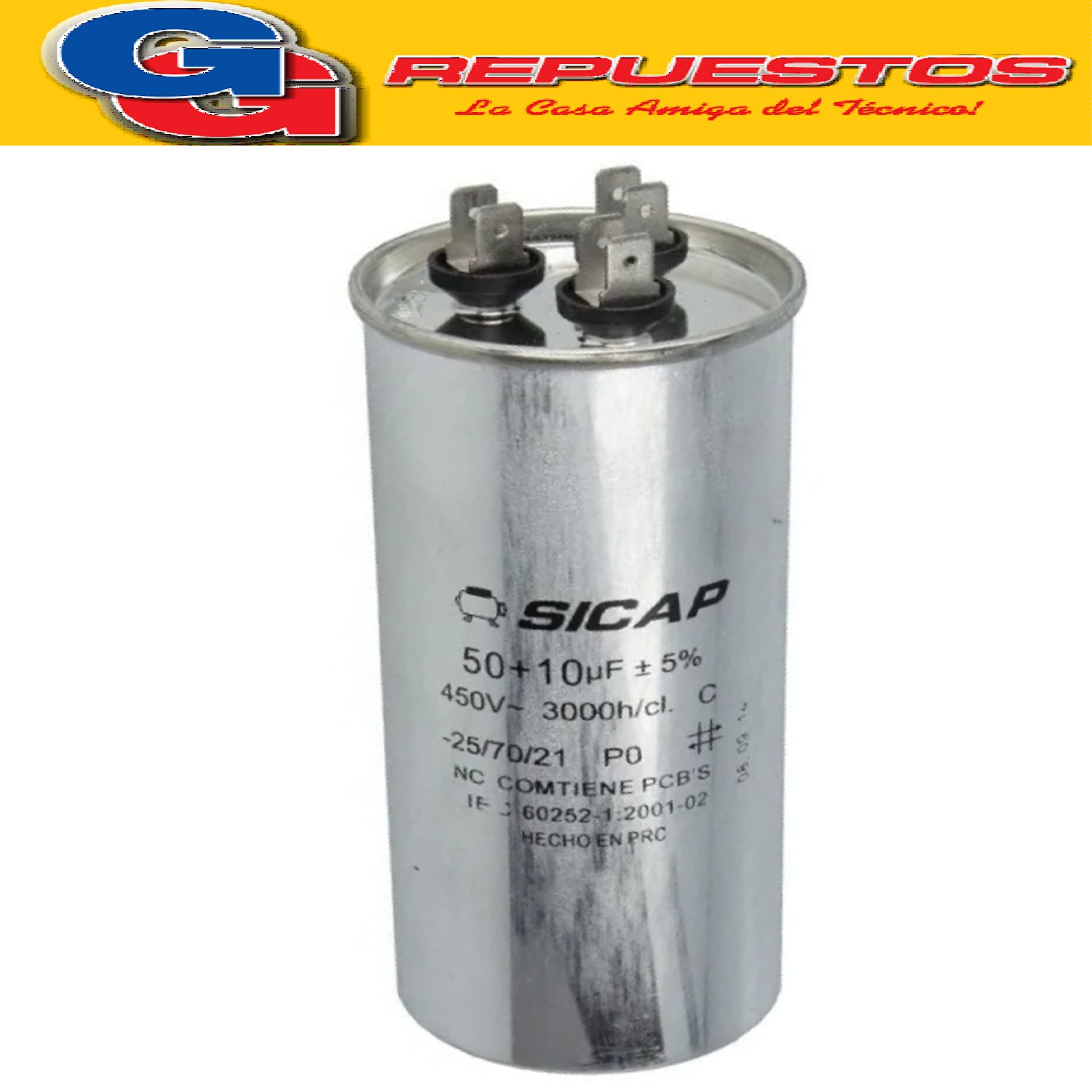 CAPACITOR DUAL DOBLE SICAP 50 + 10 PARA AIRE ACONDICIONADO