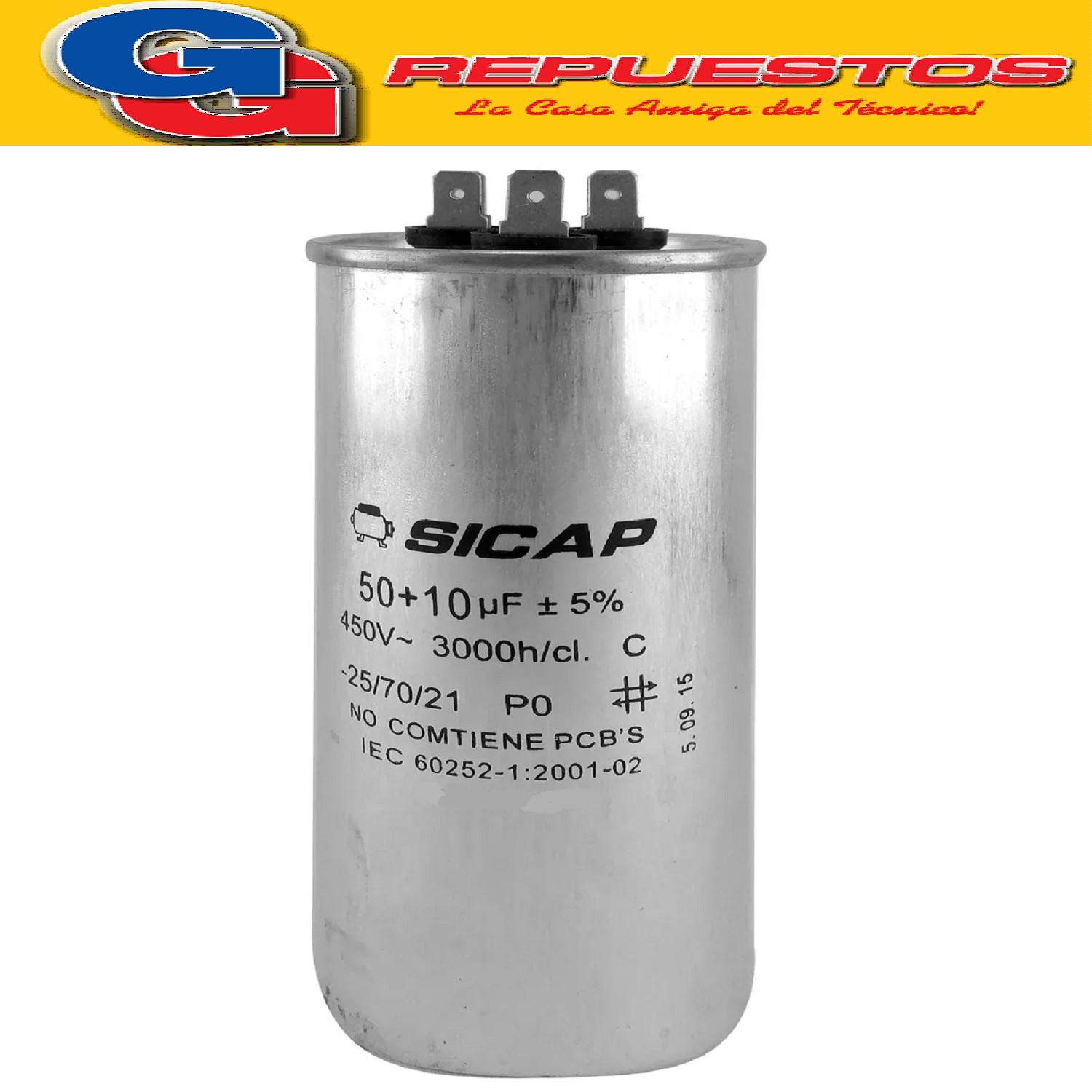 CAPACITOR DUAL DOBLE SICAP 50 + 10 PARA AIRE ACONDICIONADO
