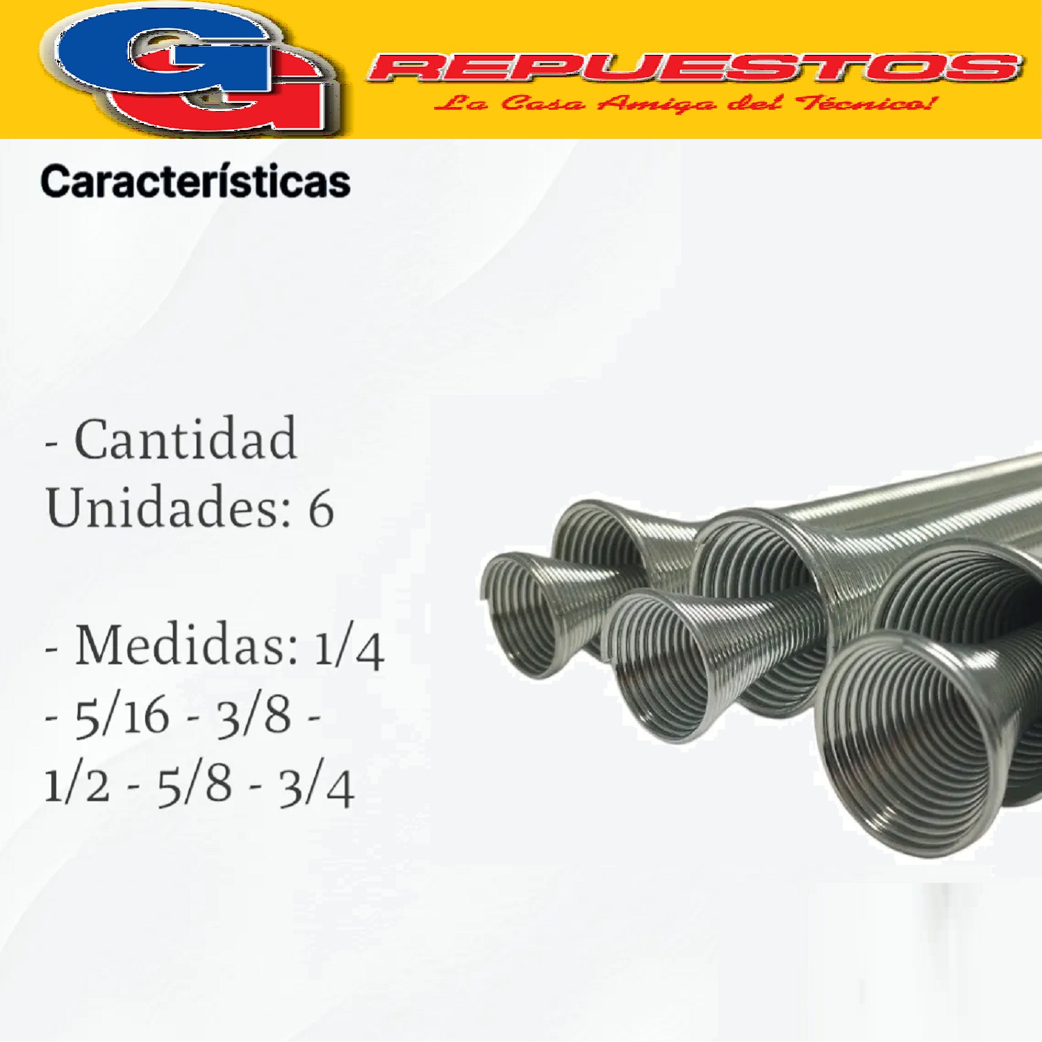 DOBLADORA KIT X 6 RESORTES LARGOS CT-102 JUEGO  PARA CAÑOS 1 /4 - 5/16 - 3/8 - 1/2 - 5/8 - 3/4