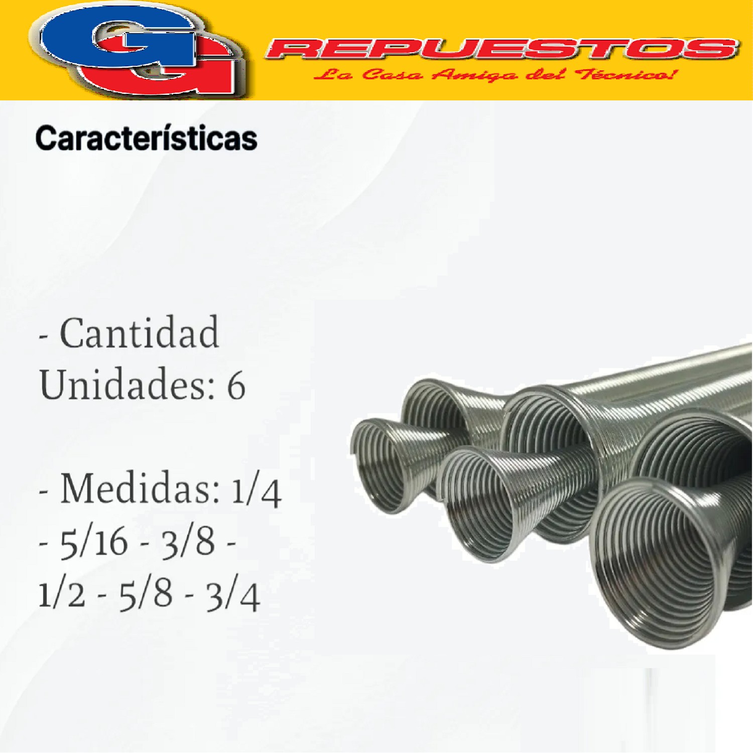 DOBLADORA KIT X 6 RESORTES LARGOS CT-102 JUEGO  PARA CAÑOS 1 /4 - 5/16 - 3/8 - 1/2 - 5/8 - 3/4