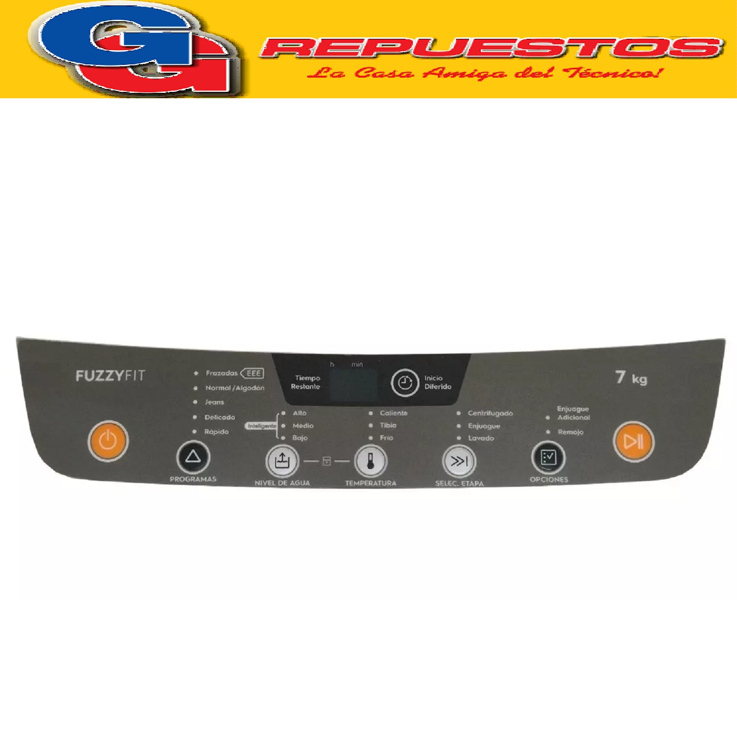SERIGRAFIA PARA LAVARROPAS GAFA FUZZYFIT 7KG  CARGA SUPERIOR QUALITY LINE MEMBRANA PARA PANEL. LARGO 32 Y 34CM APROXIMADAMENTE.
