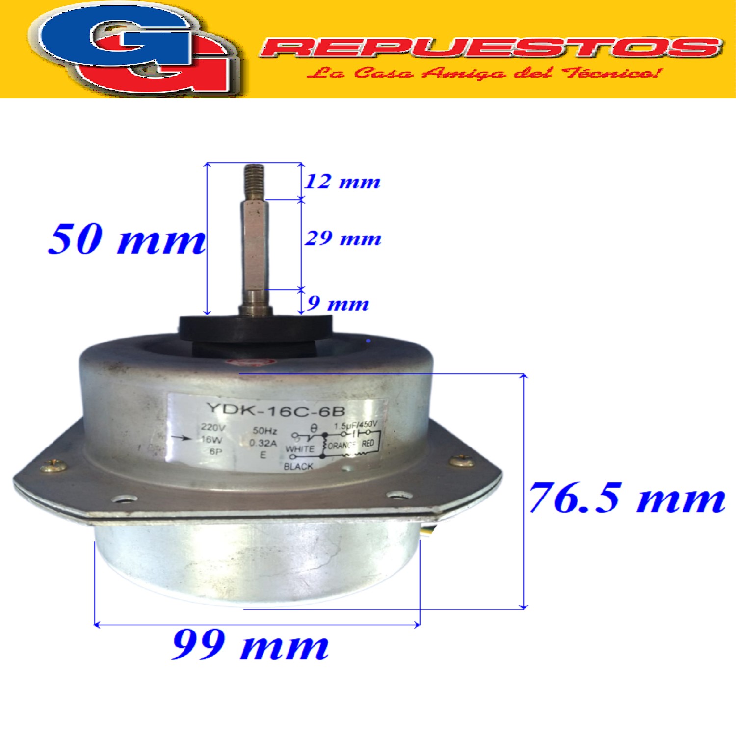 FORZADOR MOTOR CONDENSADOR AIRE ACONDICIONADO YDK-16C-6B  16 W  220V. 0.32A 6 POLOS CAPACITOR 1.5uf (DIAMETRO DEL EJE 8MM) PARA AIRE SPLIT