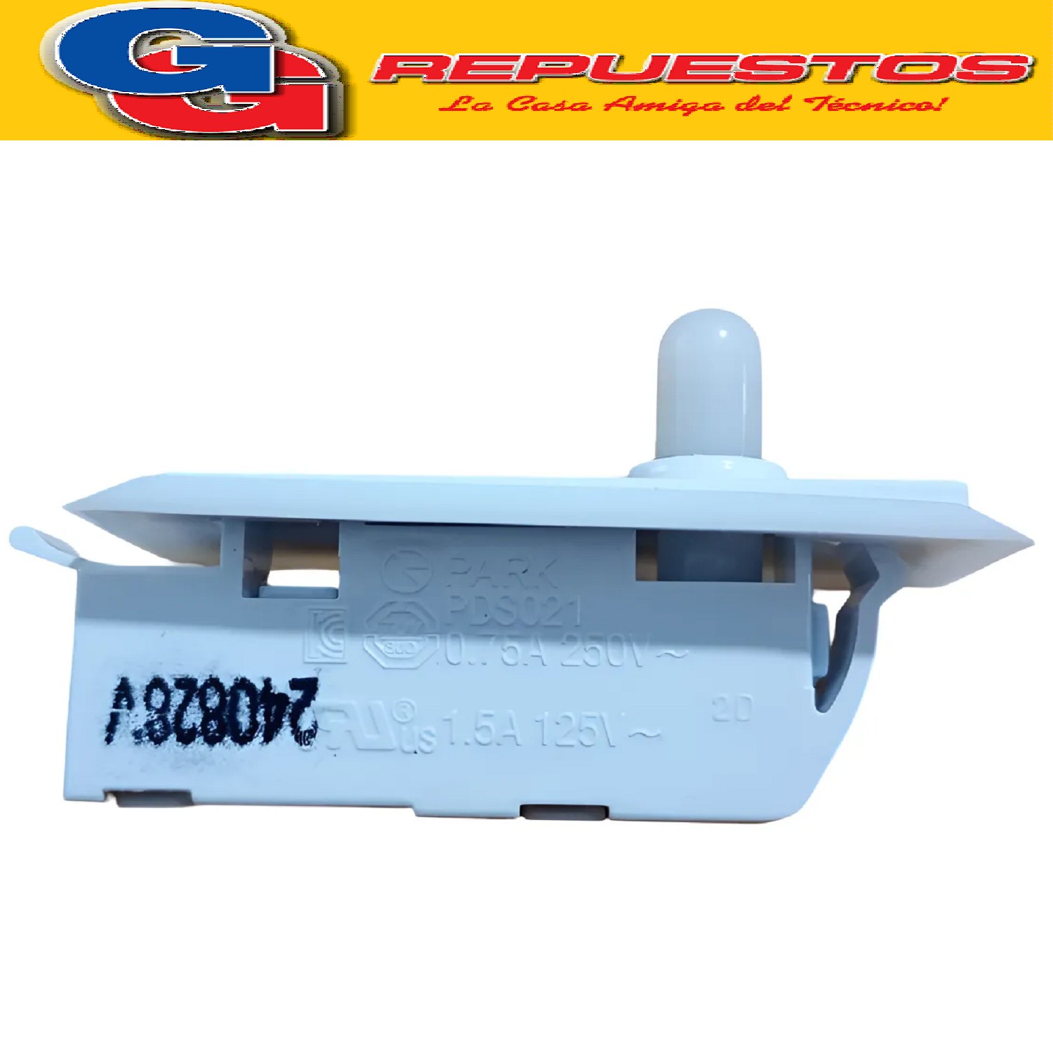 INTERRUPTOR PARA HELADERA SAMSUNG NO FROS INVERTER  RR19J20A 3SE/TL-RR19J2835RX/TL (ORIGINAL)
SECARROPAS PHILCO PH70 (ADAPTABLES) FICHA 2 contac.SAMSUNG RR19J2 Cod.Origen:
DA34-10121C (SAMSUNG) SWITCH DOOR;AC125V/250V 1.5/0.75 1B
Produttore: CZC HC-056K
INTERRUPTOR HELADERA SAMSUNG (230203/ 230302) PDS021 0.75A 250V